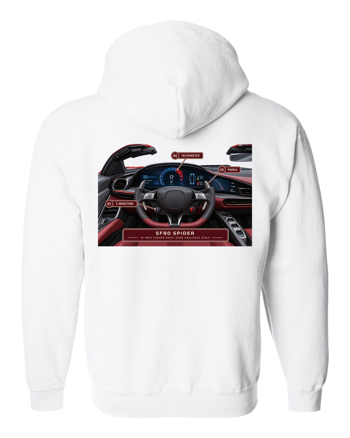 Ferrari SF90 Spider cockpit gauge print with 16-inch curved dash text white zip hoodie back view with the design