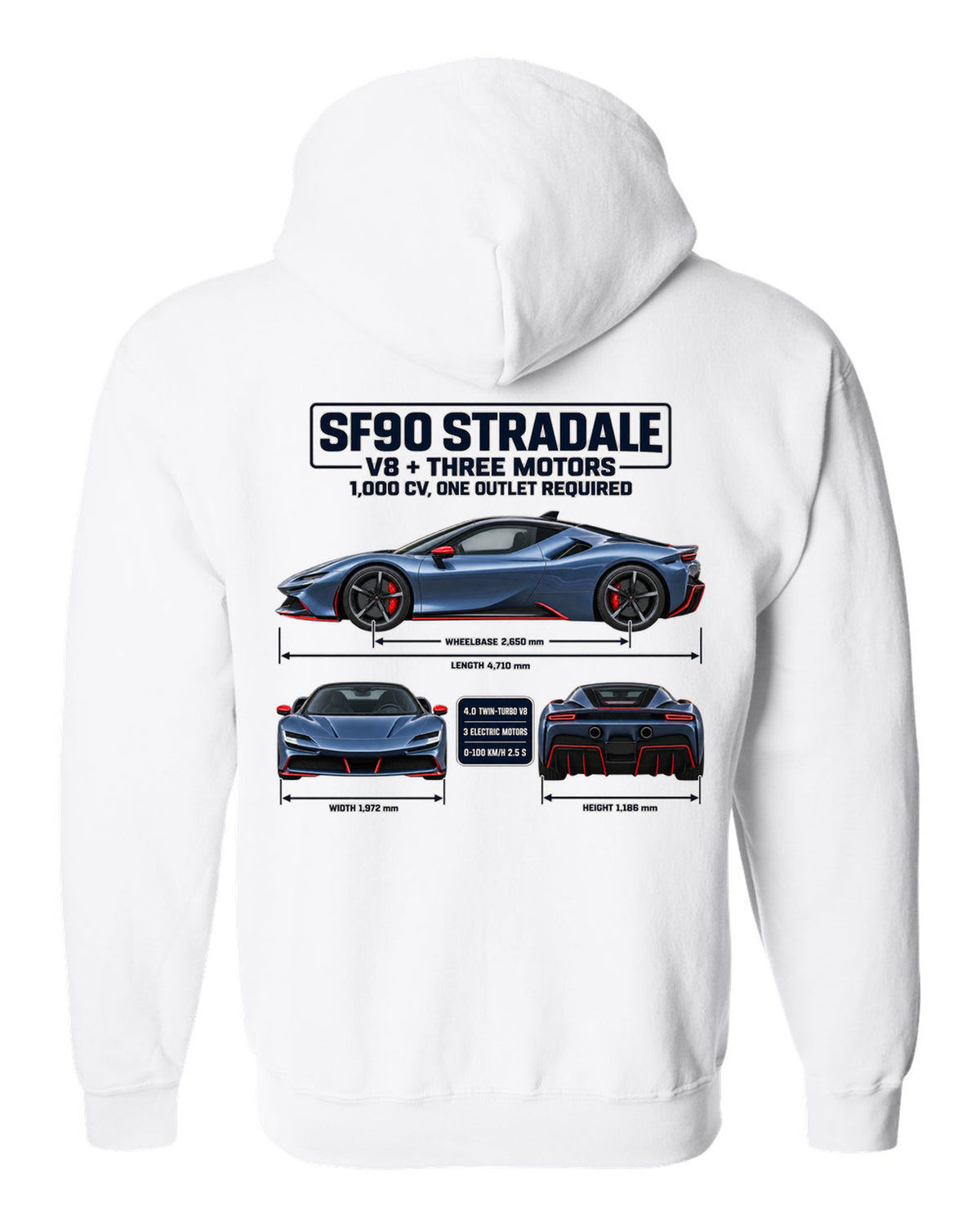 Ferrari SF90 Stradale three-view spec sheet print with V8 plus three motors, 1,000 CV white zip hoodie back view with the design