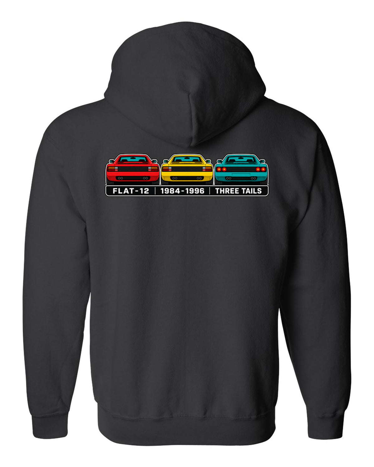 Flat colour infographic of Ferrari Testarossa, 512 TR and F512 M tail ends black zip hoodie back view with the design