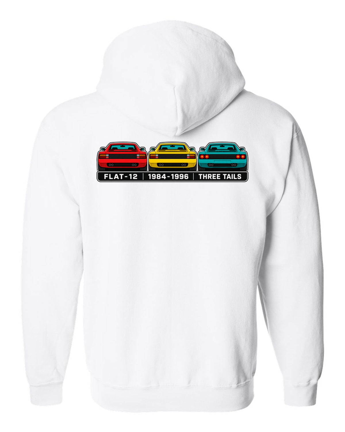 Flat colour infographic of Ferrari Testarossa, 512 TR and F512 M tail ends white zip hoodie back view with the design