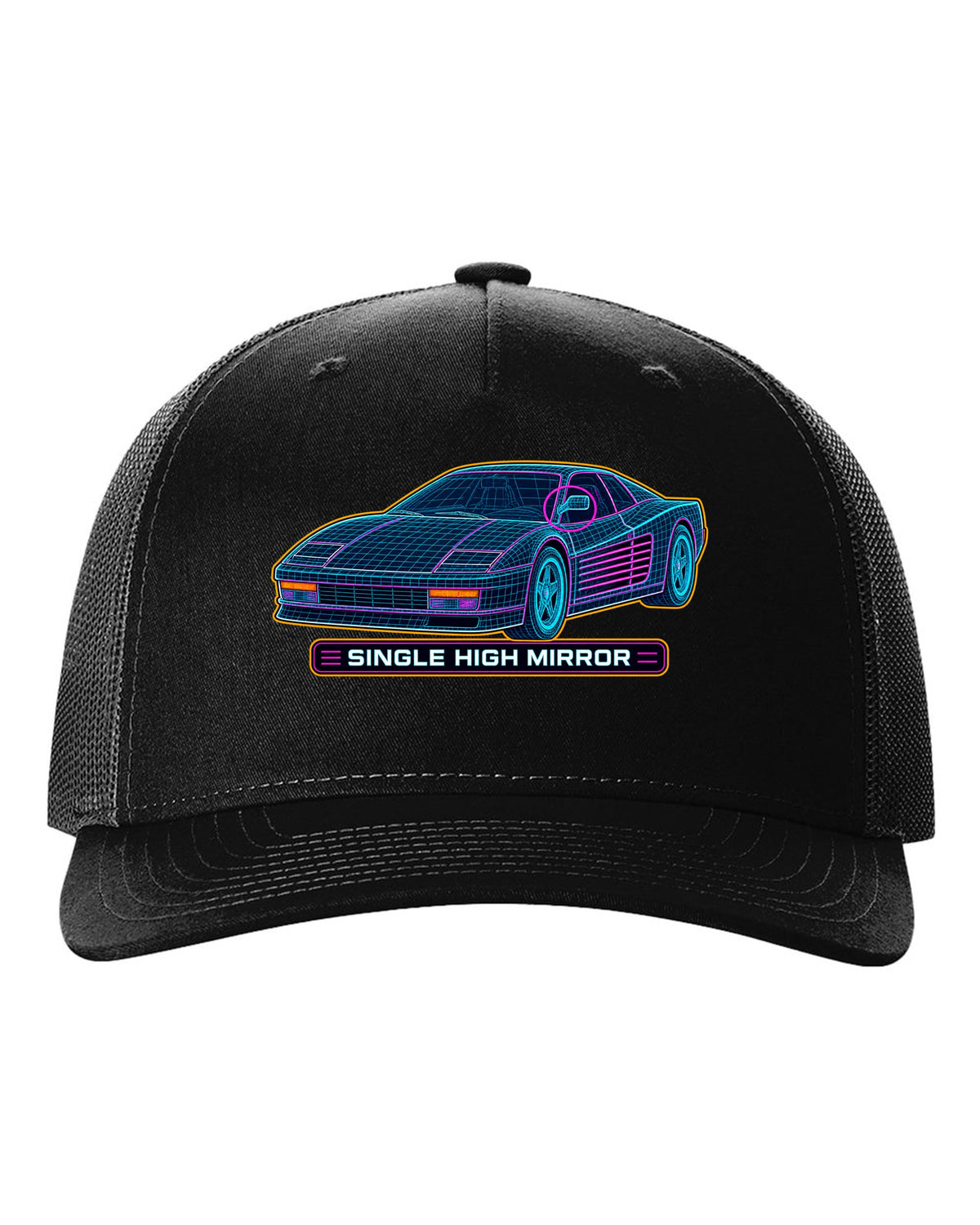 Wireframe CAD mesh print of the Ferrari Testarossa F110 with the text single high mirror black hat front view with the design
