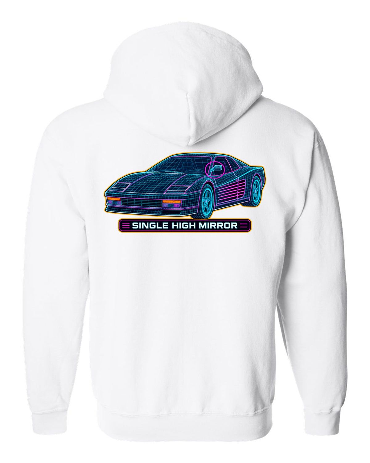 Wireframe CAD mesh print of the Ferrari Testarossa F110 with the text single high mirror white zip hoodie back view with the design