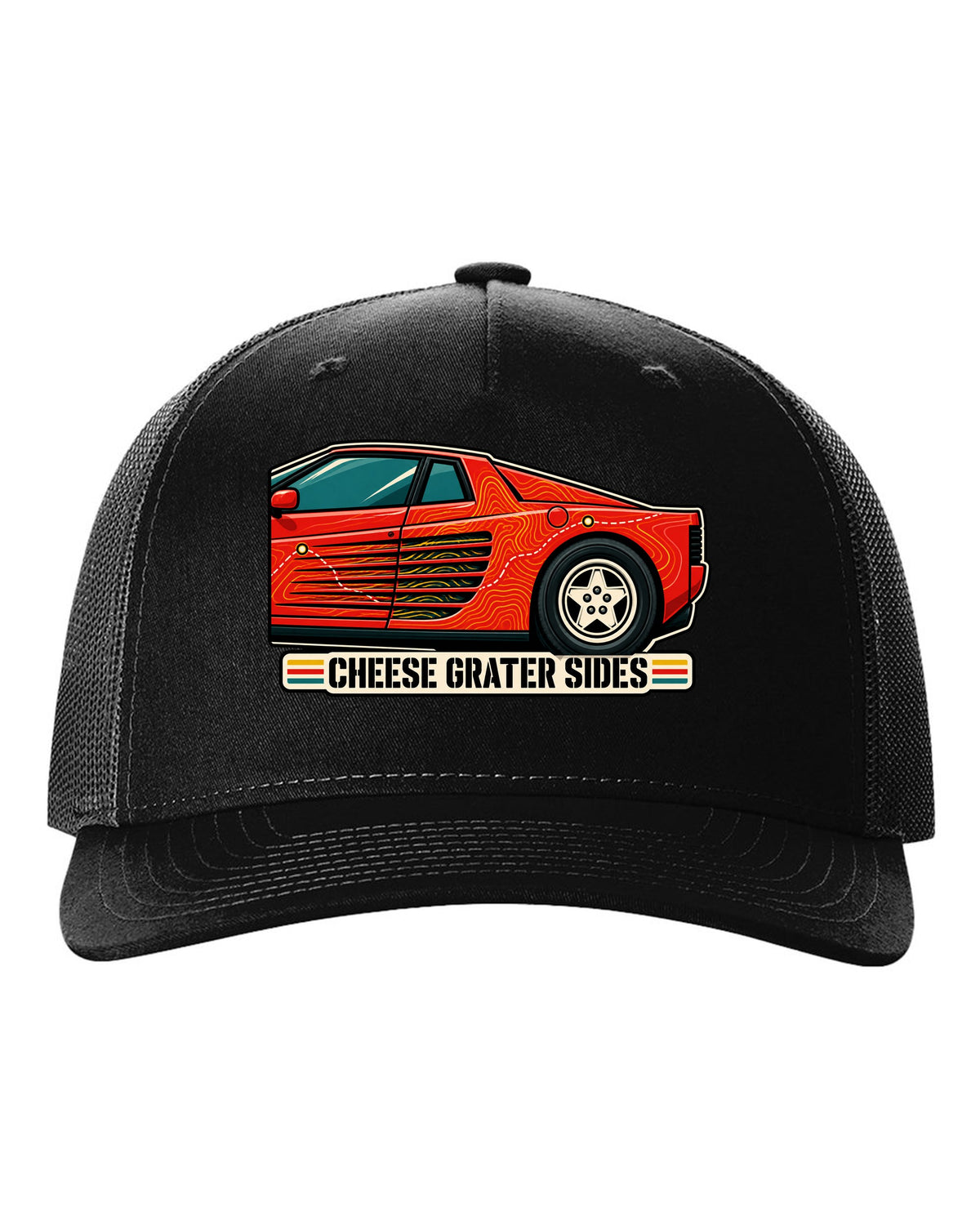 Topographic contour line print of the Ferrari Testarossa F110 with the text cheese grater sides black hat front view with the design