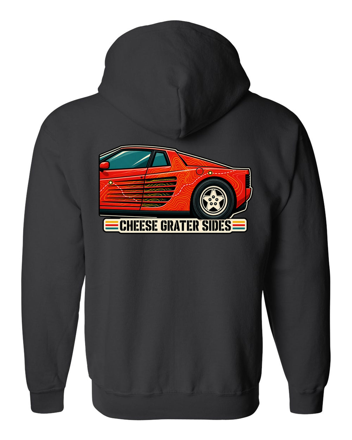 Topographic contour line print of the Ferrari Testarossa F110 with the text cheese grater sides black zip hoodie back view with the design