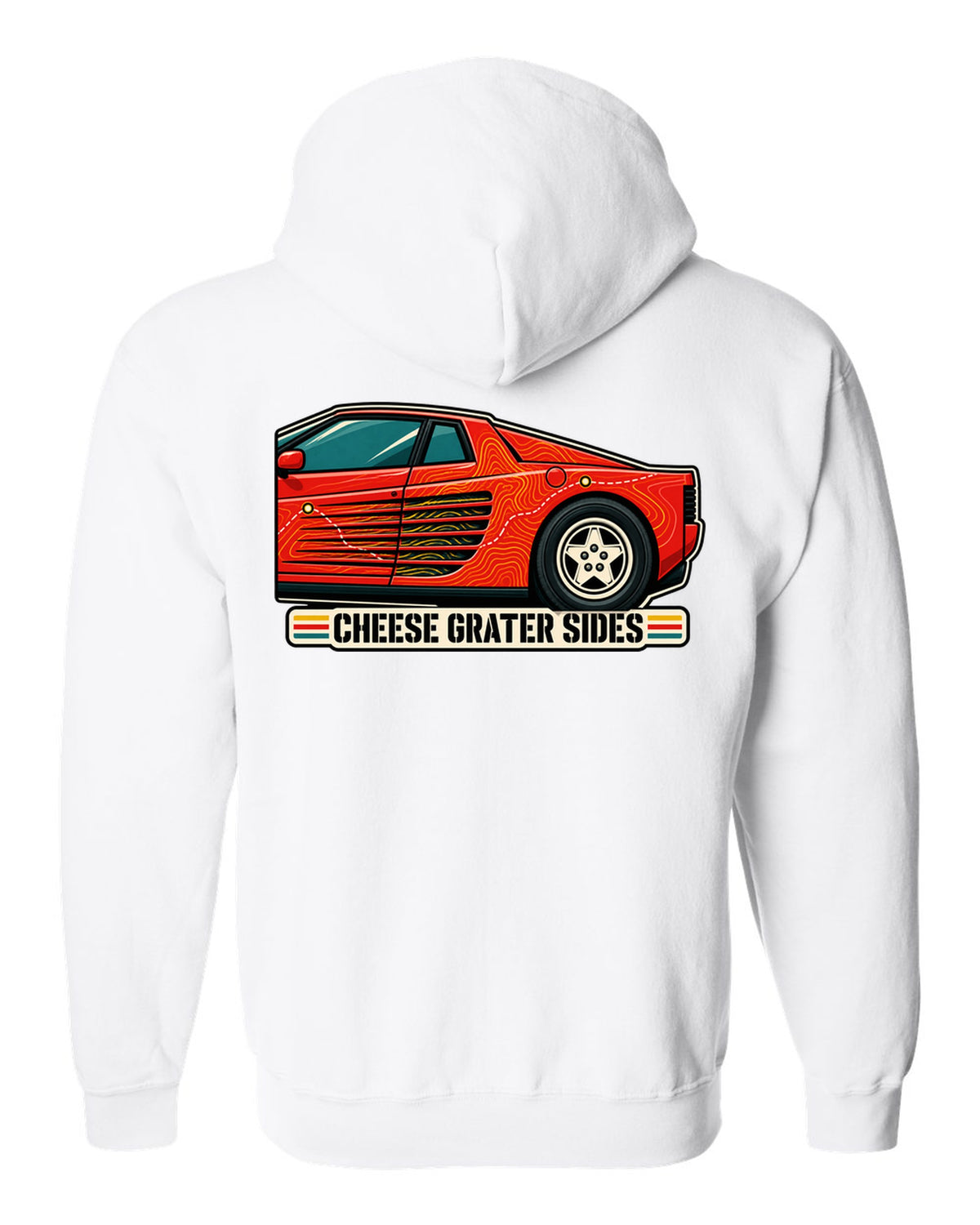 Topographic contour line print of the Ferrari Testarossa F110 with the text cheese grater sides white zip hoodie back view with the design