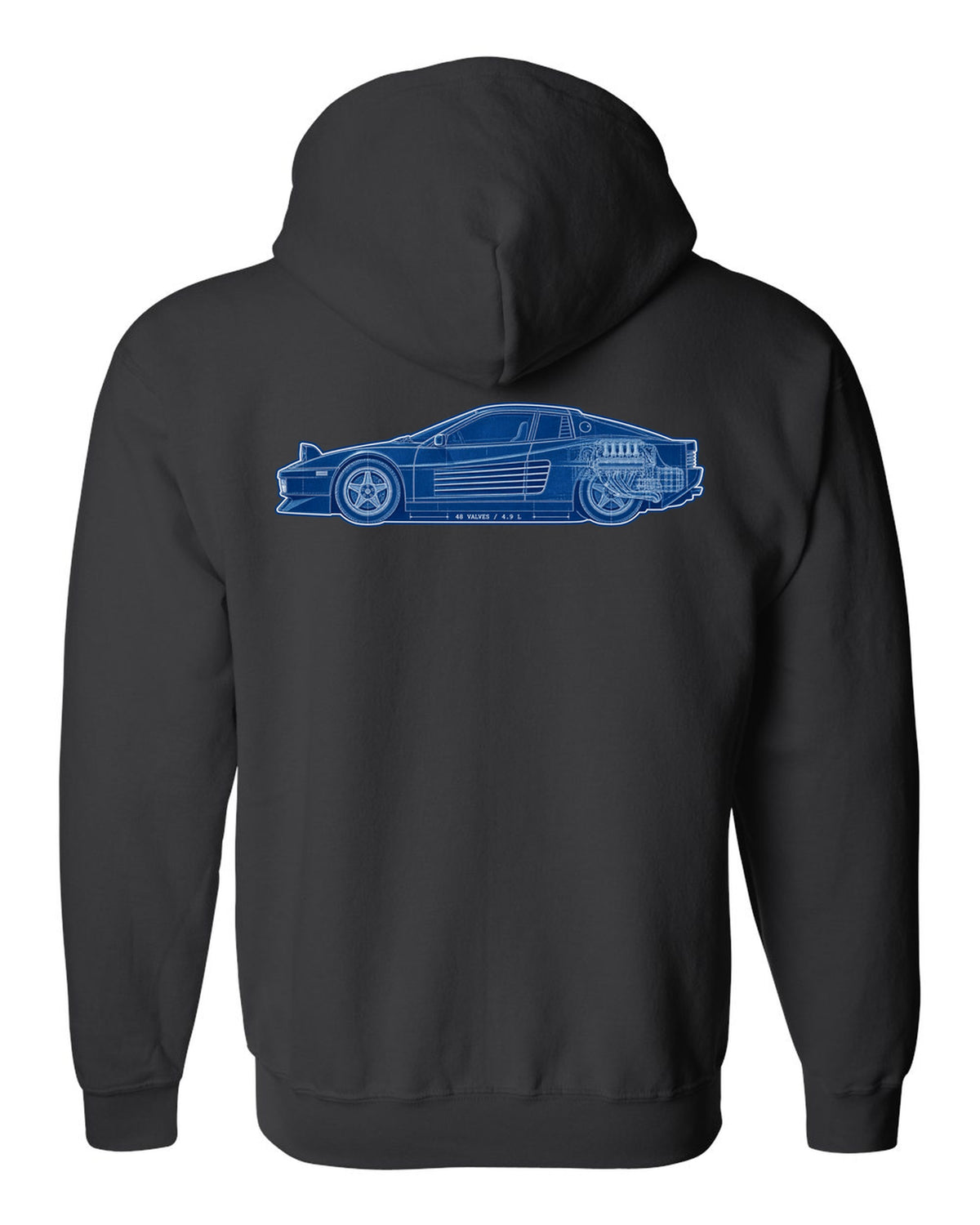 Cyanotype blueprint style print of the Ferrari Testarossa F110 with the text 48 valves, 4.9 L black zip hoodie back view with the design