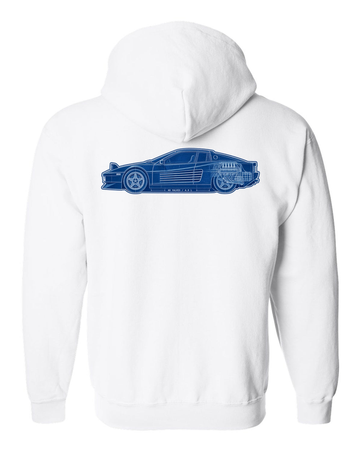 Cyanotype blueprint style print of the Ferrari Testarossa F110 with the text 48 valves, 4.9 L white zip hoodie back view with the design