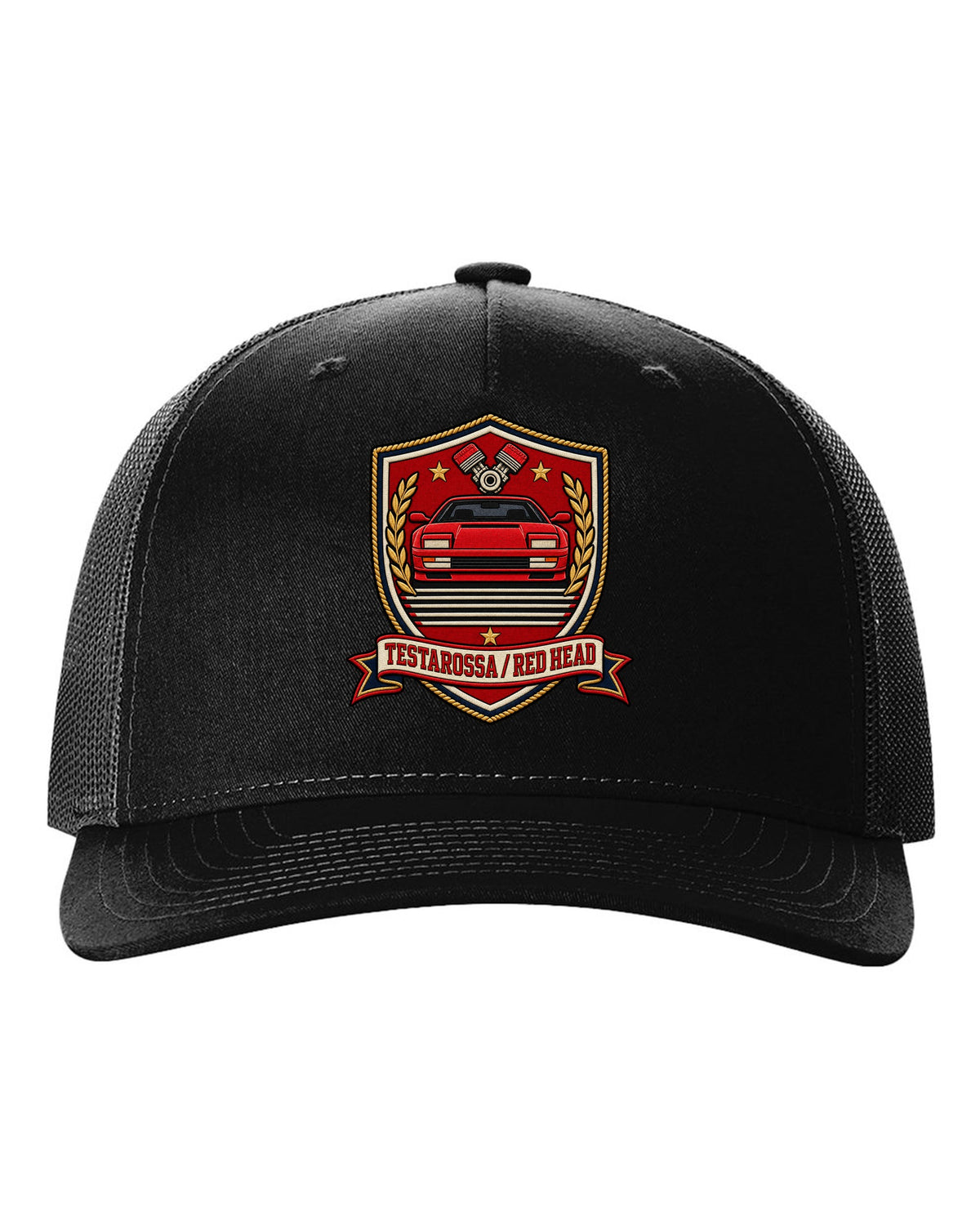 Shield crest layout for the 1984 Ferrari Testarossa with red head text black hat front view with the design
