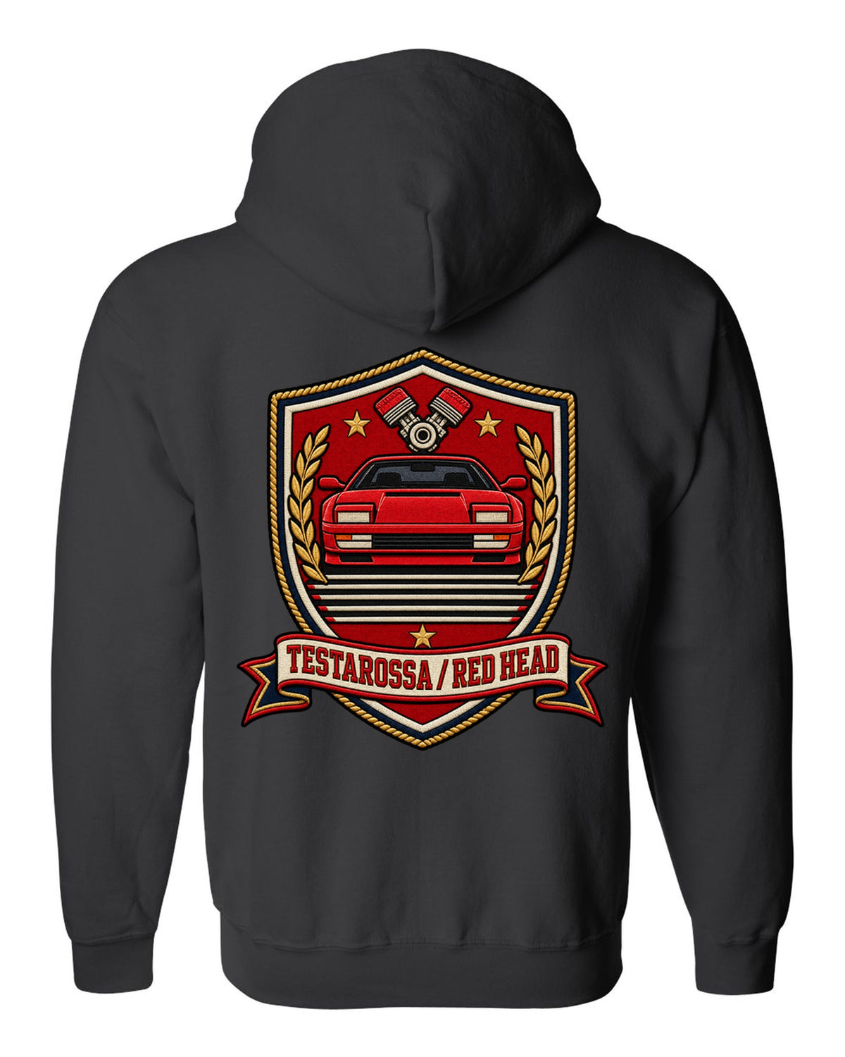 Shield crest layout for the 1984 Ferrari Testarossa with red head text black zip hoodie back view with the design