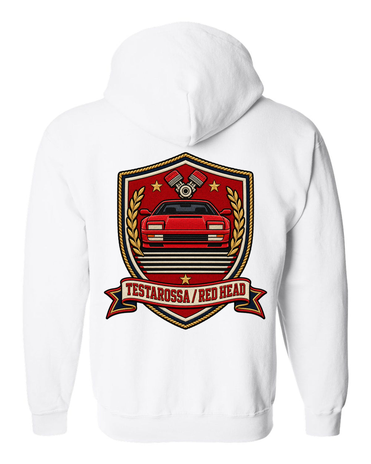 Shield crest layout for the 1984 Ferrari Testarossa with red head text white zip hoodie back view with the design
