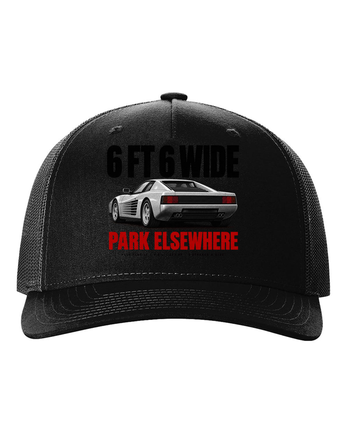 Ferrari Testarossa F110 1984 halftone print, 6 ft 6 wide, park elsewhere black hat front view with the design