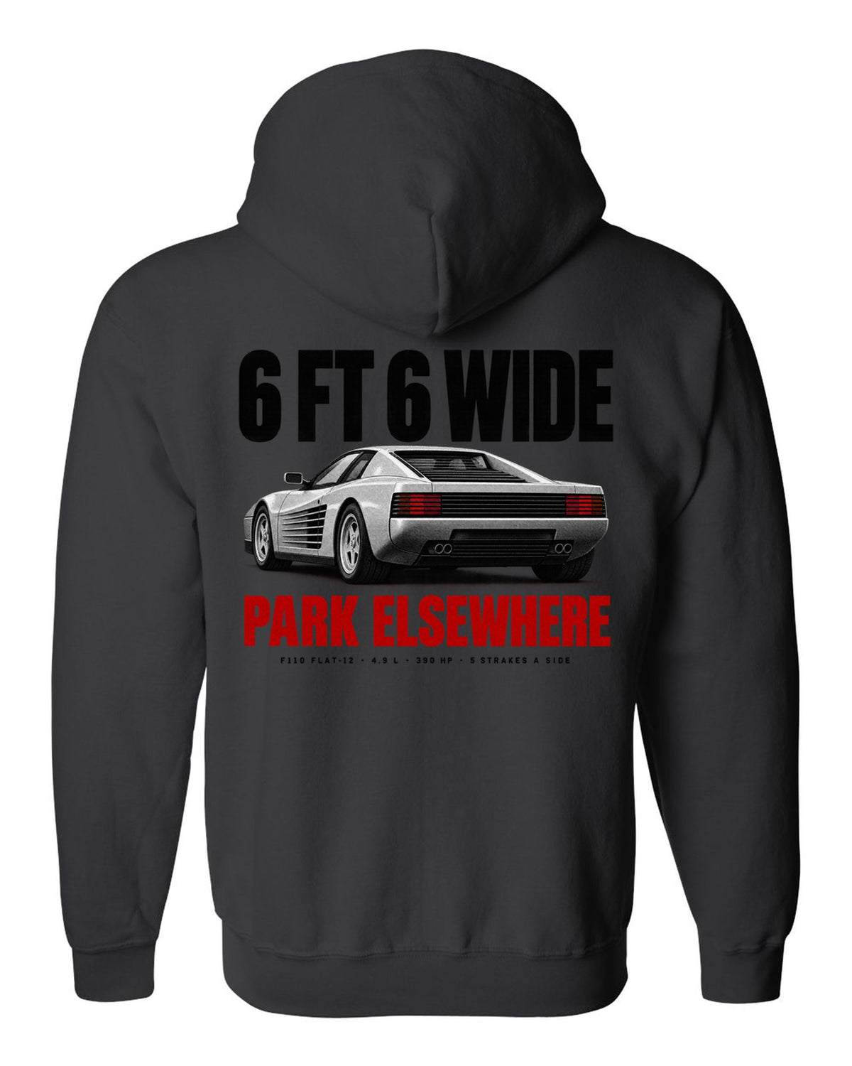Ferrari Testarossa F110 1984 halftone print, 6 ft 6 wide, park elsewhere black zip hoodie back view with the design