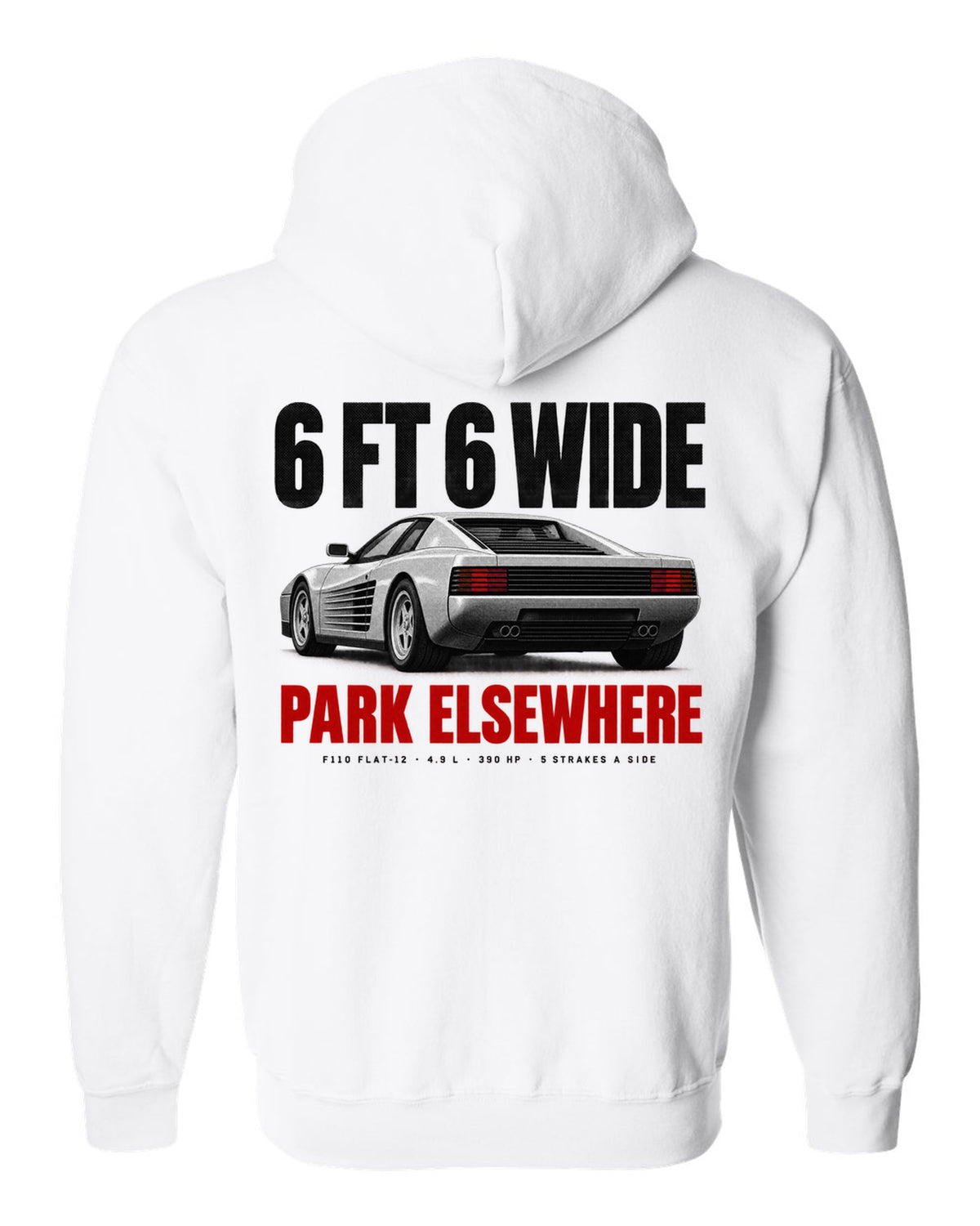 Ferrari Testarossa F110 1984 halftone print, 6 ft 6 wide, park elsewhere white zip hoodie back view with the design