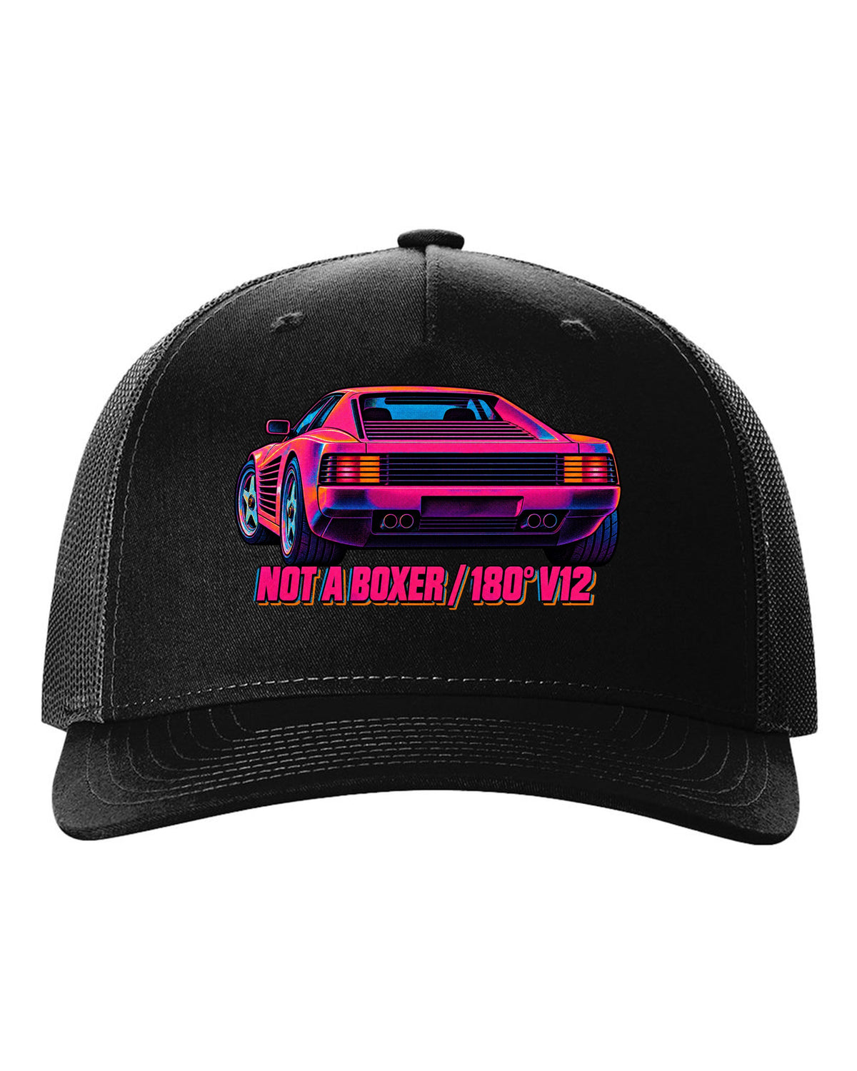 Neon-lit risograph print of the Ferrari Testarossa F110 with the text not a boxer, 180 degree V12 black hat front view with the design