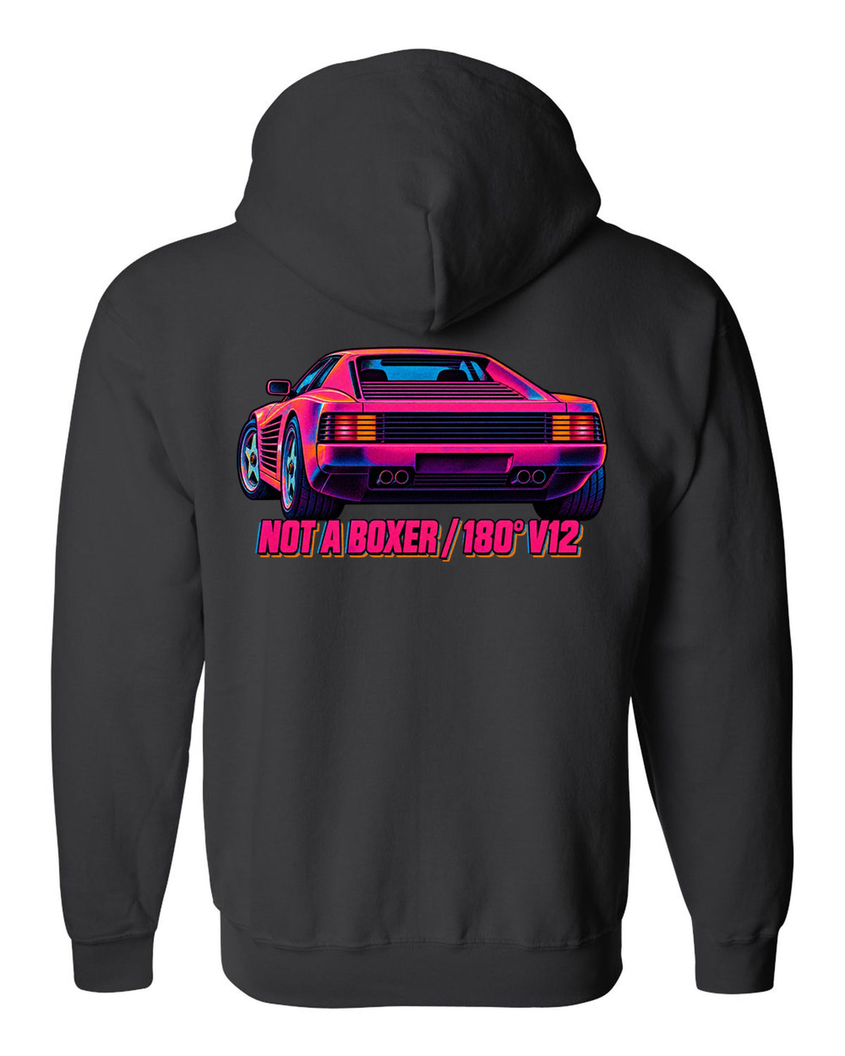 Neon-lit risograph print of the Ferrari Testarossa F110 with the text not a boxer, 180 degree V12 black zip hoodie back view with the design