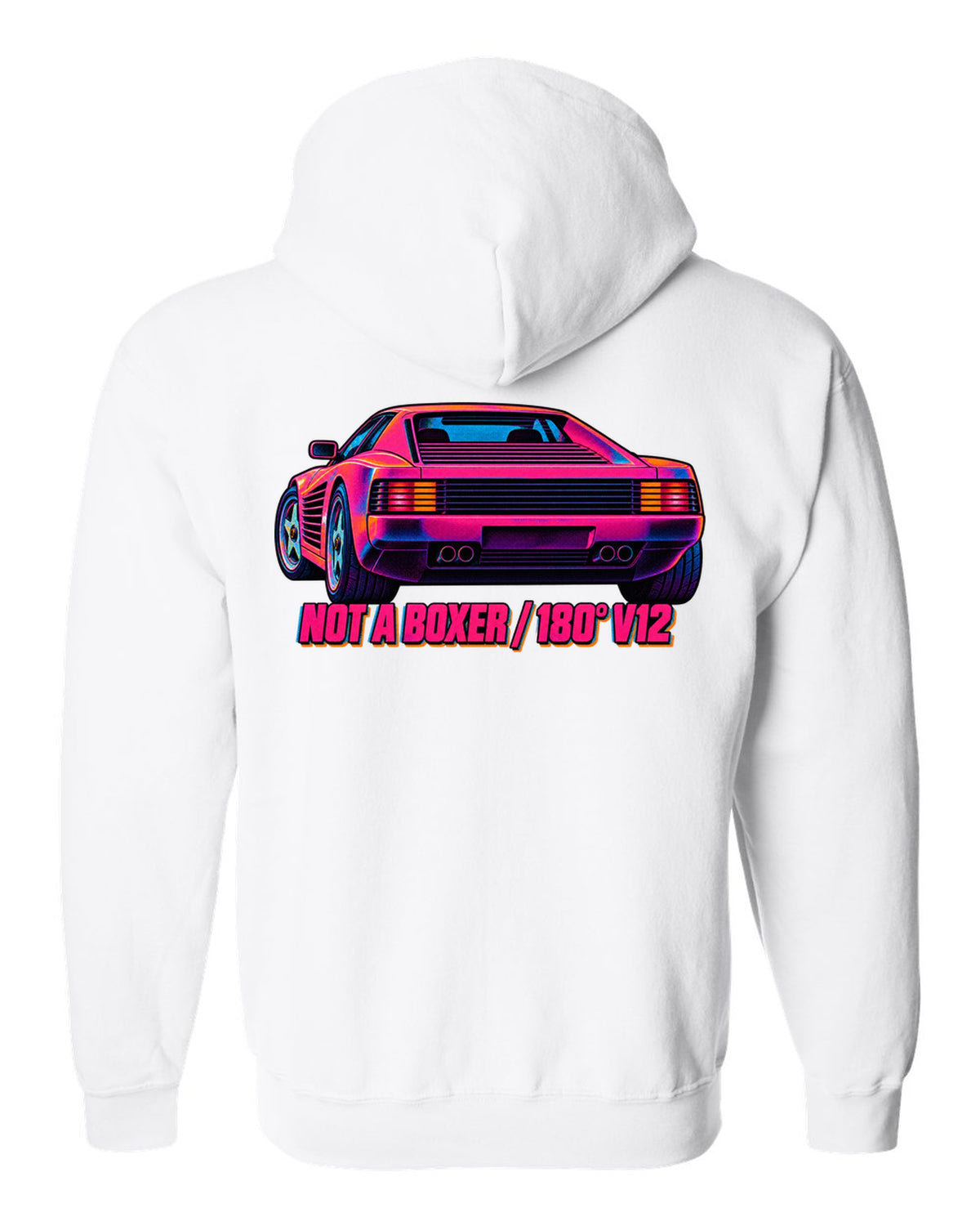 Neon-lit risograph print of the Ferrari Testarossa F110 with the text not a boxer, 180 degree V12 white zip hoodie back view with the design