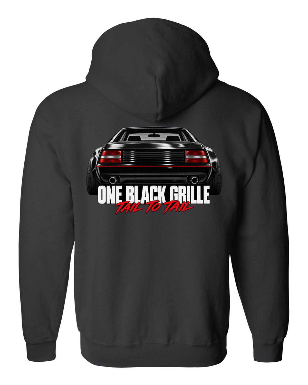 Macro print of the Ferrari Testarossa F110 rear grille with the line One Black Grille, Tail to Tail black zip hoodie back view with the design