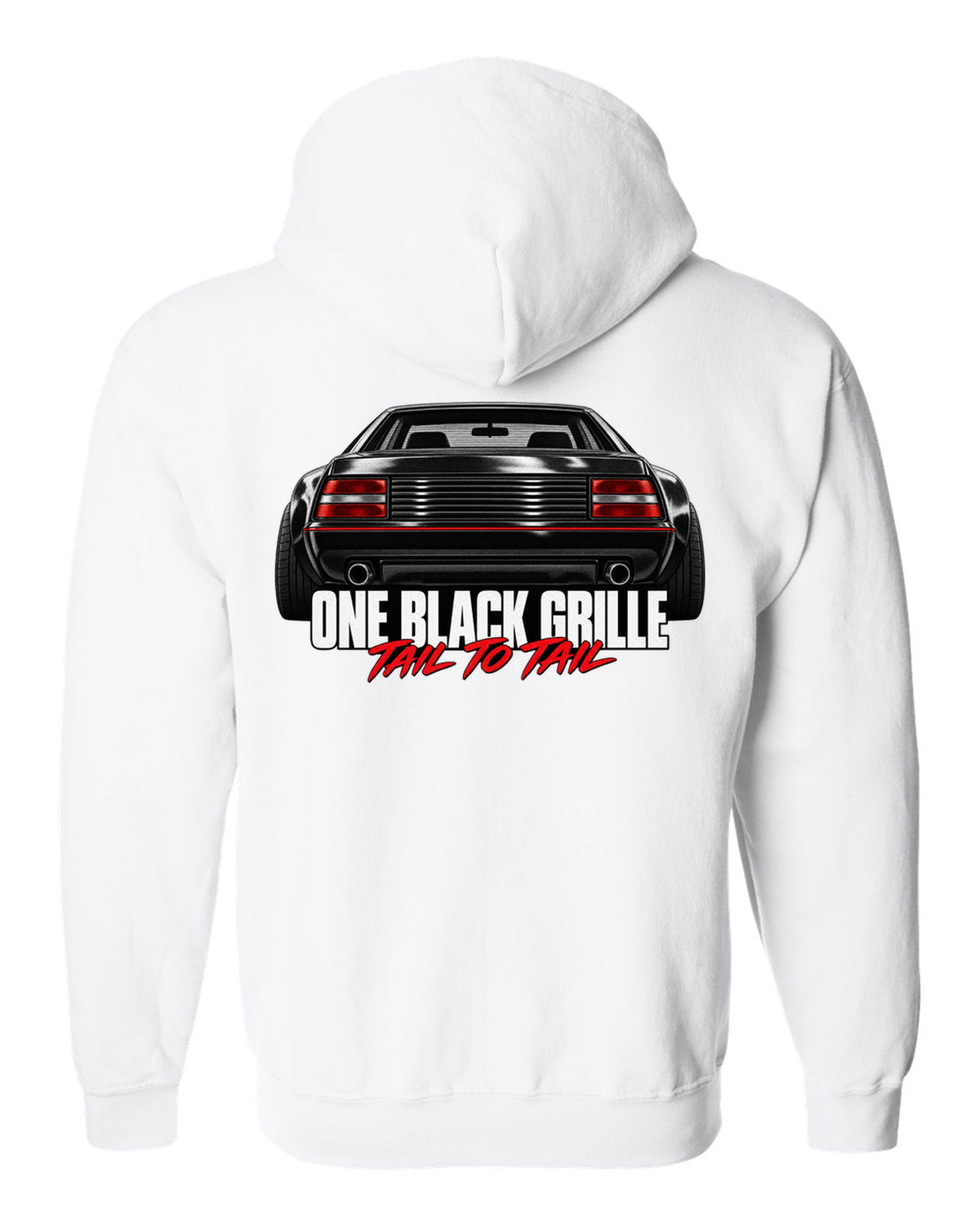 Macro print of the Ferrari Testarossa F110 rear grille with the line One Black Grille, Tail to Tail white zip hoodie back view with the design