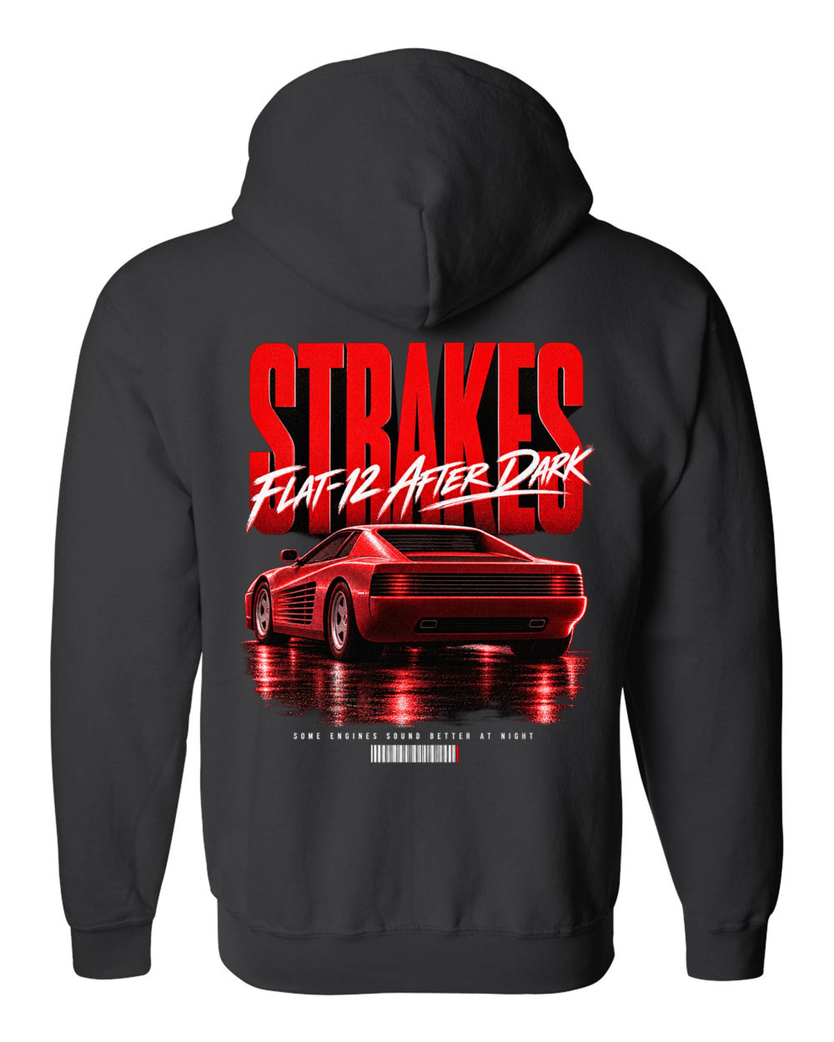 Street poster print of a Ferrari Testarossa F110 rear three-quarter with strakes and flat-12 text black zip hoodie back view with the design