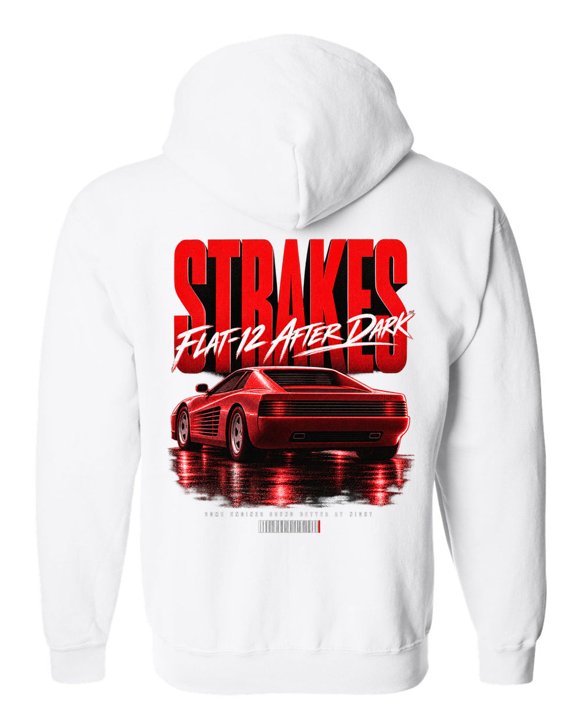 Street poster print of a Ferrari Testarossa F110 rear three-quarter with strakes and flat-12 text white zip hoodie back view with the design