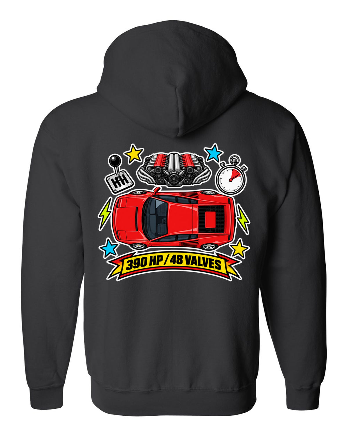 Sticker-bomb collage of the Ferrari Testarossa with 390 HP and 48 valves text black zip hoodie back view with the design