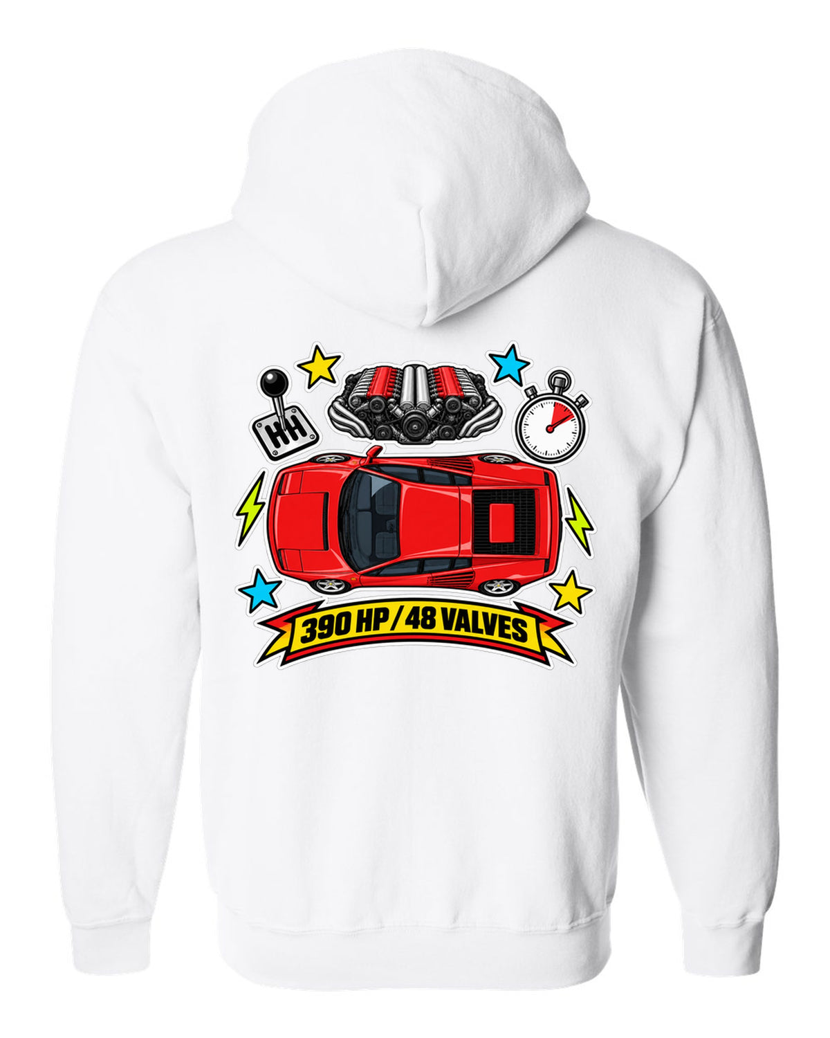 Sticker-bomb collage of the Ferrari Testarossa with 390 HP and 48 valves text white zip hoodie back view with the design