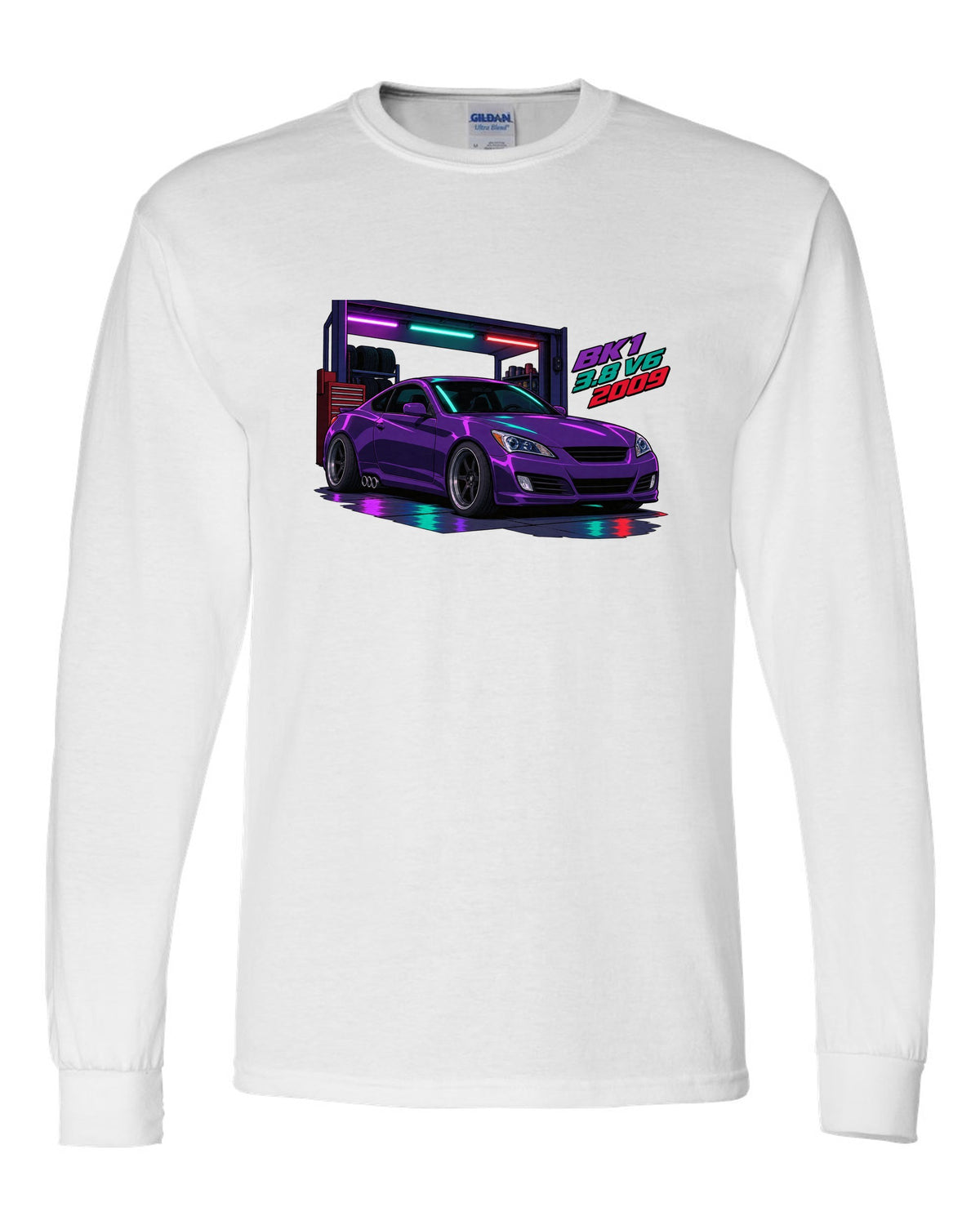 Cel-shaded anime print of a Hyundai Genesis Coupe BK1 in a garage with 3.8 V6 2009 text white long sleeve front view with the design