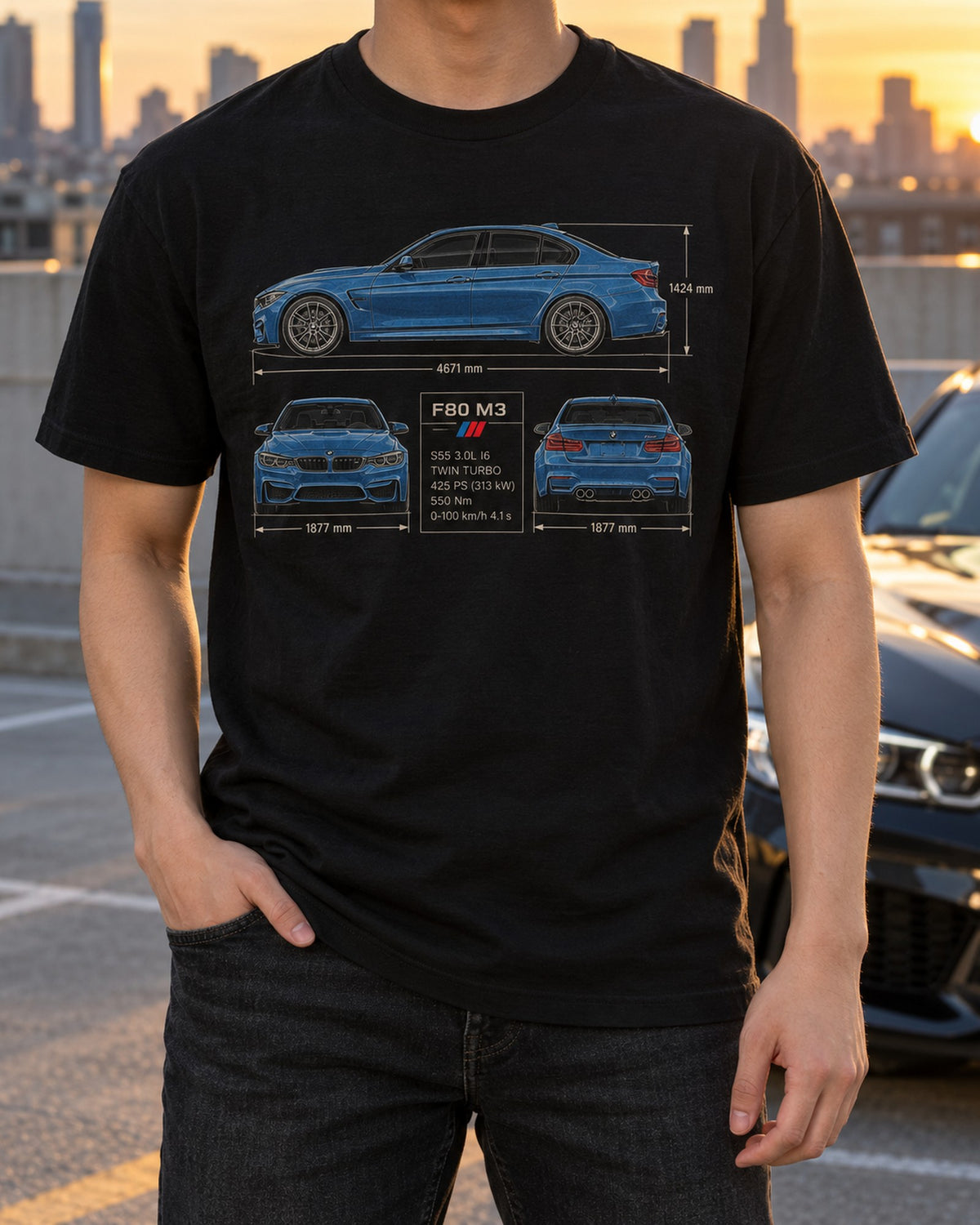 F80 BMW M3 Dimension Blueprint print Tee T-Shirt Black worn hero
