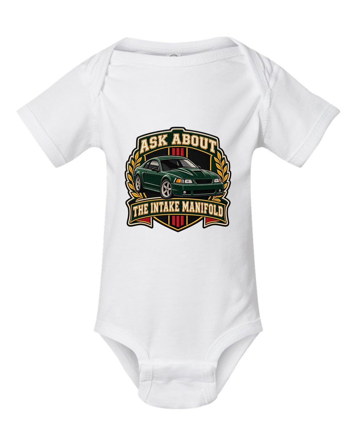 Varsity crest of a Ford Mustang New Edge coupe with intake manifold text white baby onesie front view with the design