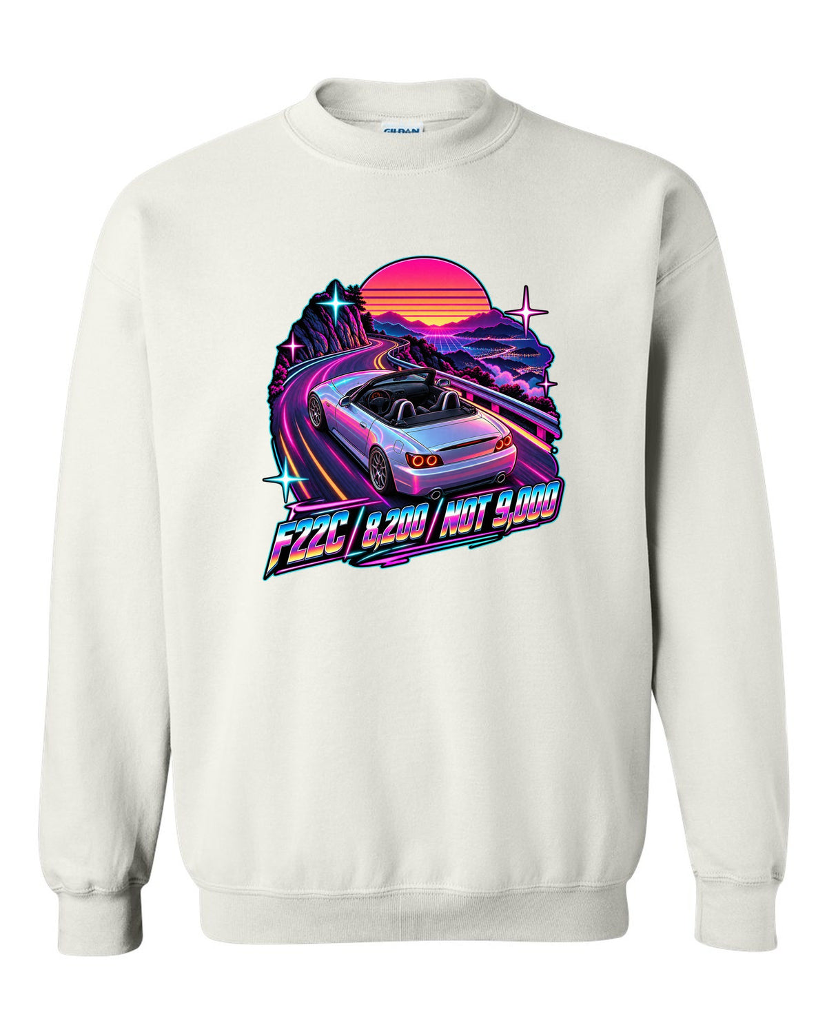 Neon synthwave print of a 2004 Honda S2000 AP2 roadster with F22C 8,200 Not 9,000 lettering white crewneck front view with the design
