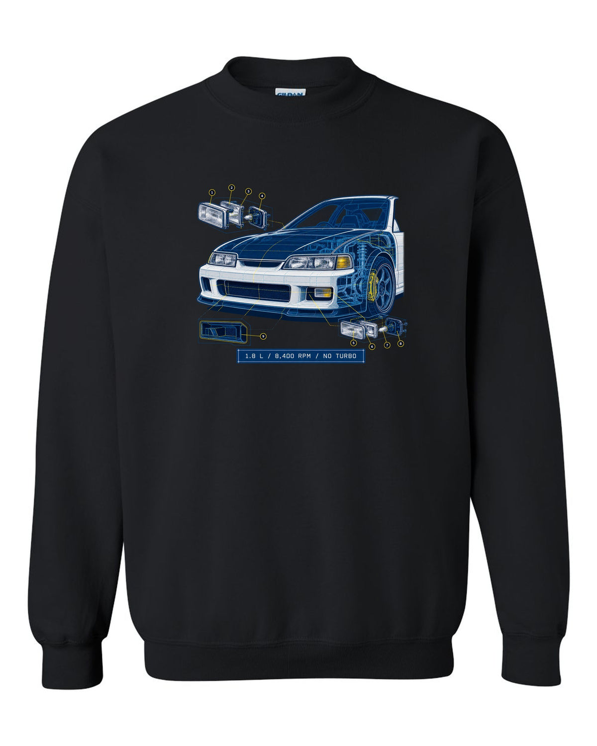 Technical blueprint design of the Honda Integra Type R DC2 with B18C specs black crewneck front view with the design