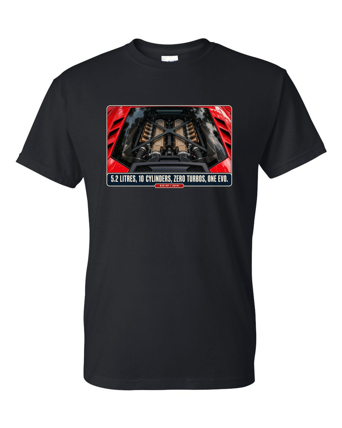 Engine hero print of the Lamborghini Huracan EVO V10 black t-shirt front view with the design