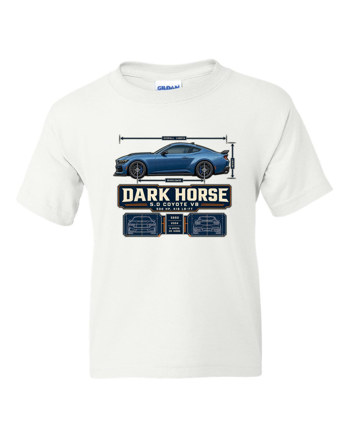 print of a Ford Mustang S650 Dark Horse dimension blueprint with 5.0 Coyote V8 and 500 HP text white kids tee front view with the design