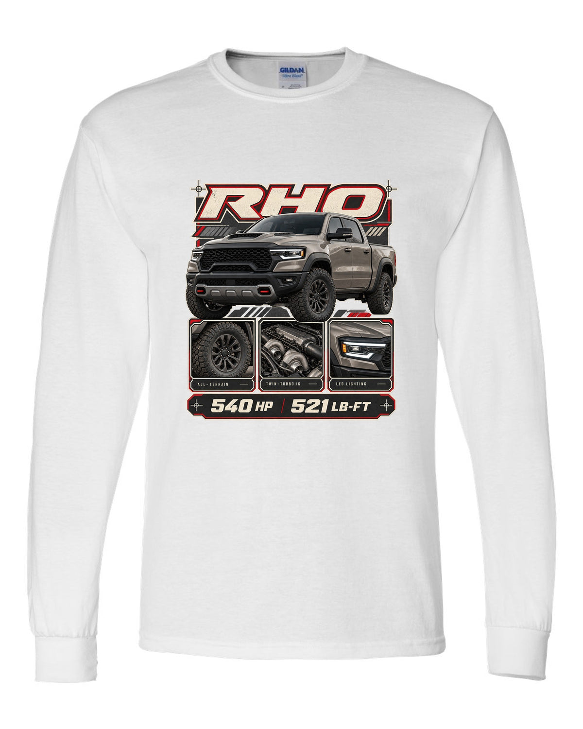 Ram 1500 RHO 2025 dossier panels with horsepower and torque print white long sleeve front view with the design