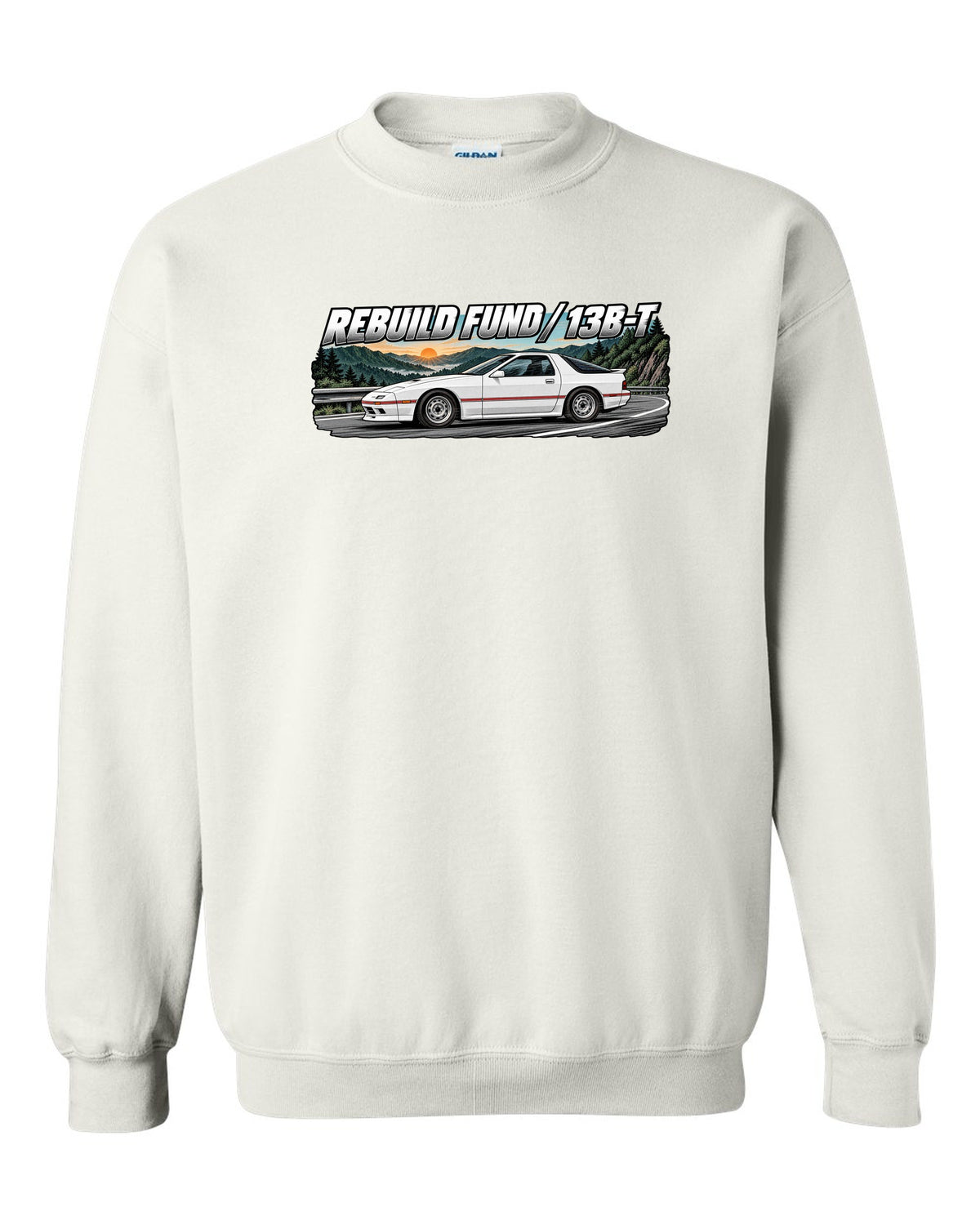 Retro manga ink and screentone illustration of a Mazda RX-7 FC3S white crewneck front view with the design