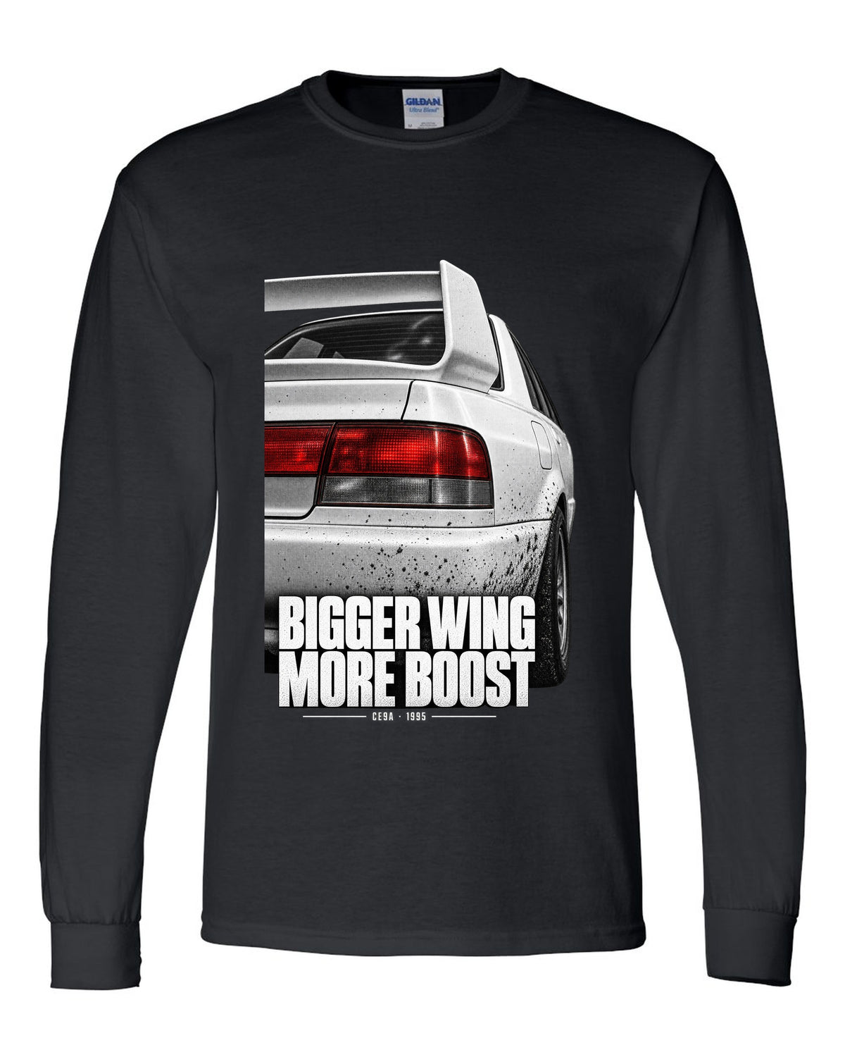 Tail and wing macro print for the Mitsubishi Lancer Evolution III CE9A reading Bigger Wing, More Boost black long sleeve front view with the design