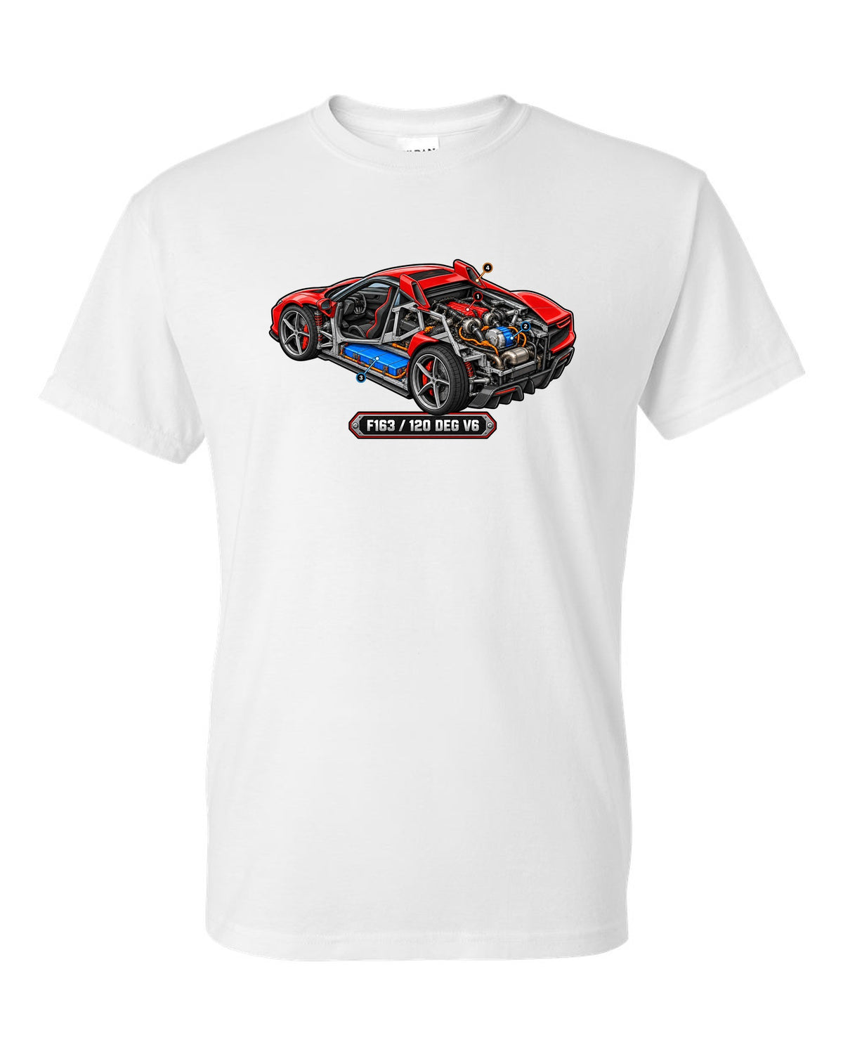 Isometric cutaway diorama of the Ferrari 296 GTB hybrid V6 engine white t-shirt front view with the design