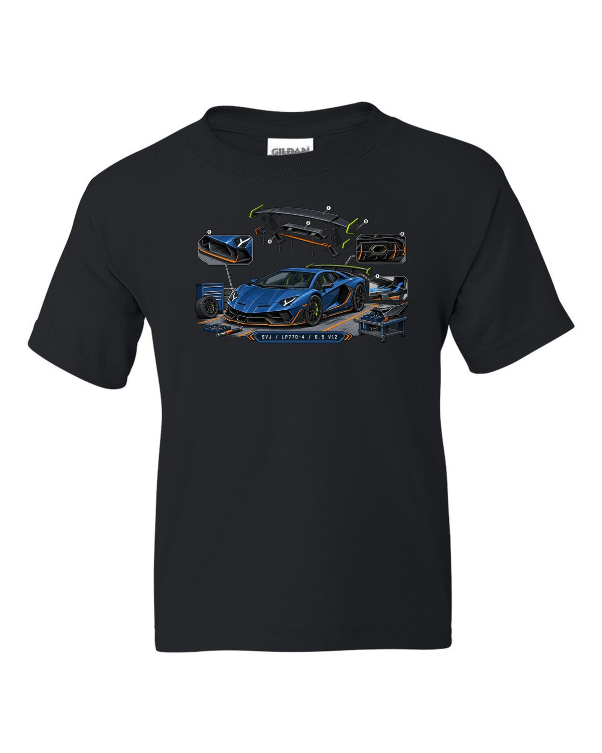 Isometric exploded-view engineering drawing of a Lamborghini Aventador SVJ LP770-4 with V12 text black kids tee front view with the design
