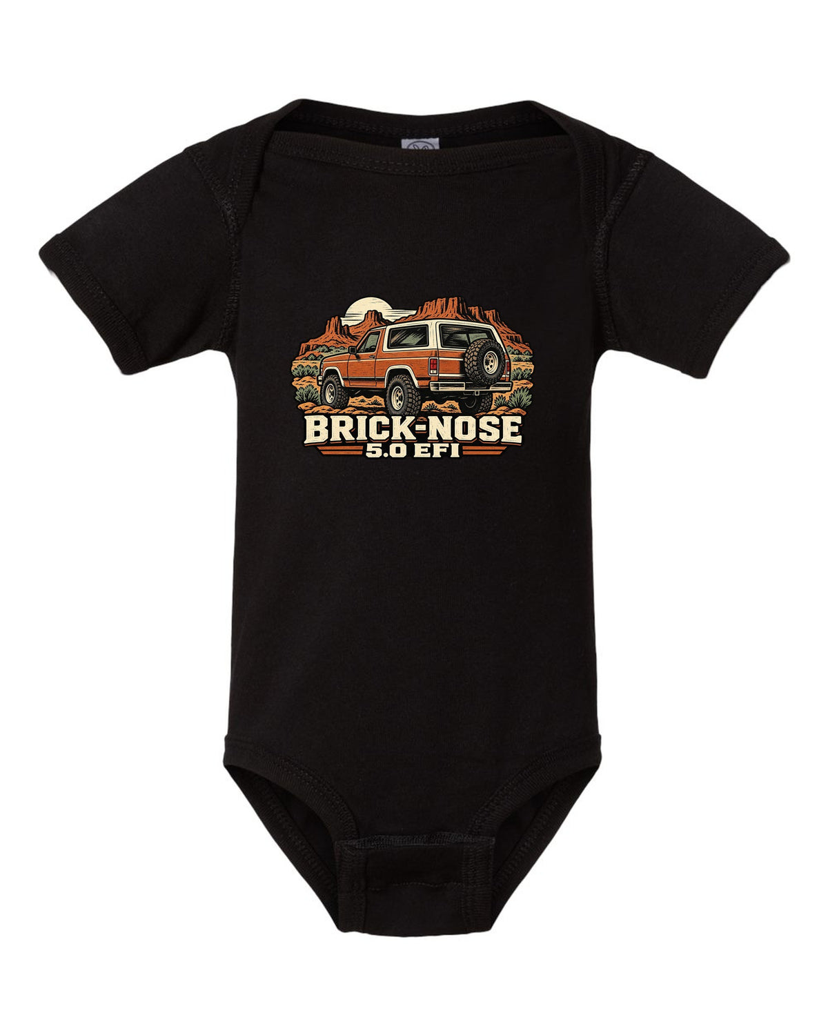 Ford Bronco Brick-Nose 1987-1991 rear in a linocut woodcut print black baby onesie front view with the design