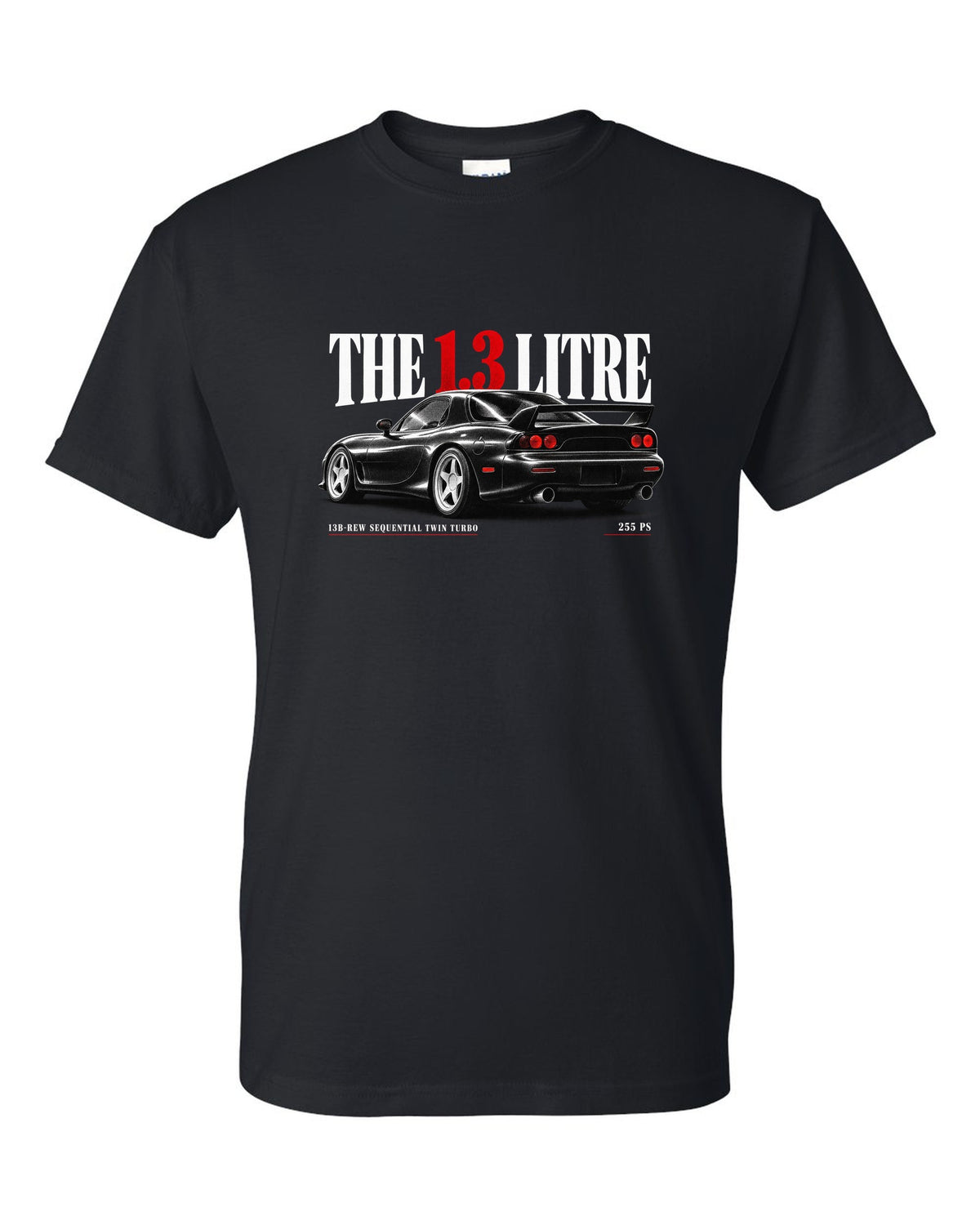 Editorial headline print for the 1992 Mazda RX-7 FD3S with 13B-REW sequential twin turbo and 255 PS black t-shirt front view with the design