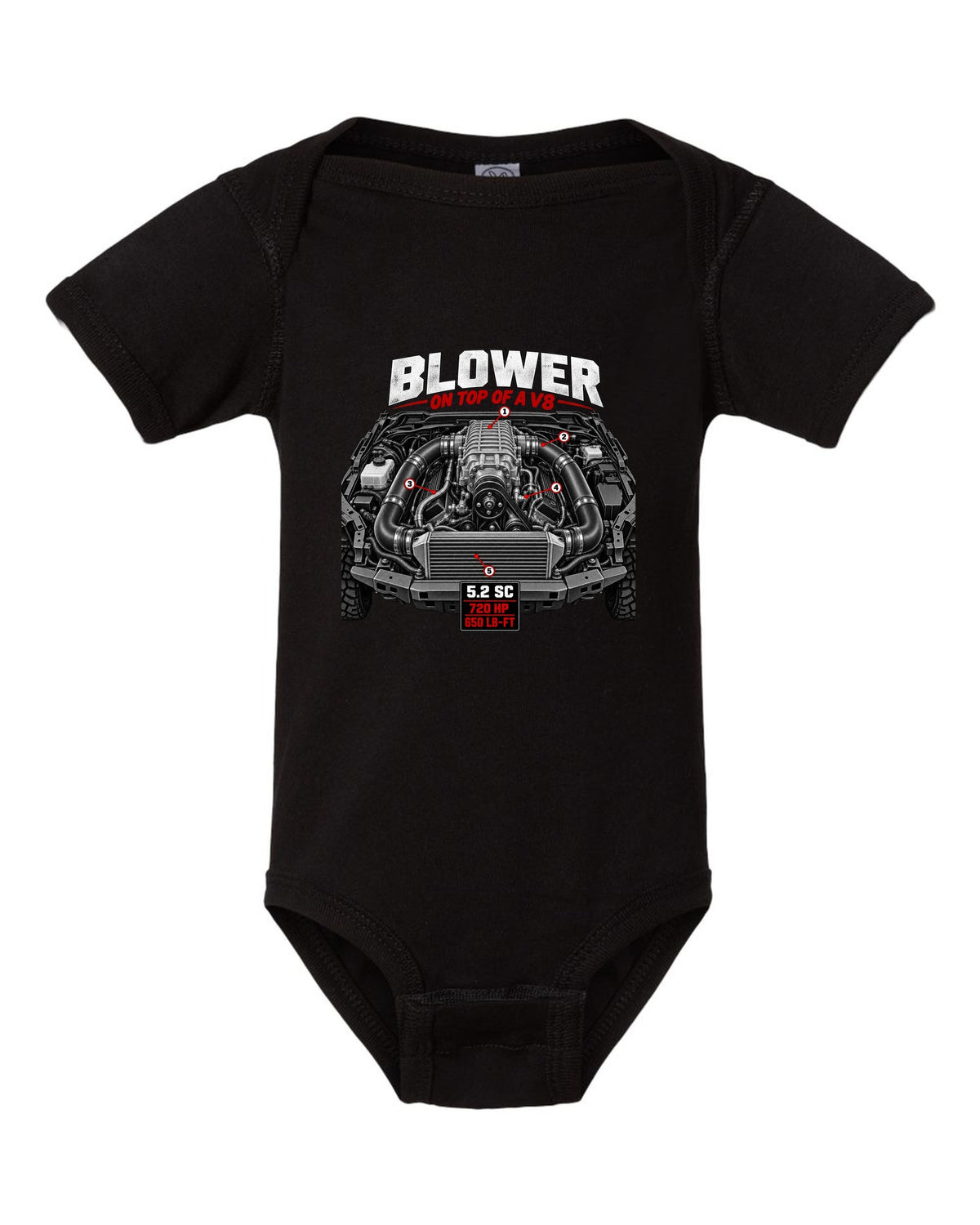 Ford F-150 Raptor R P702 engine hero print with 5.2 supercharged V8 and 720 HP black baby onesie front view with the design