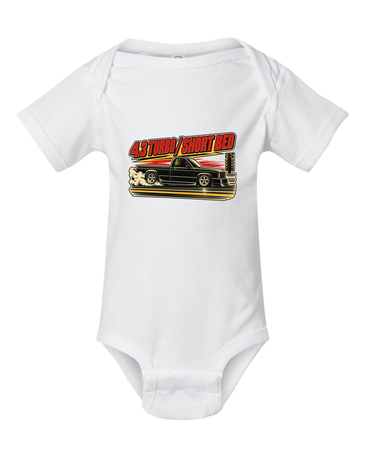 1960s lithograph drag race poster featuring a 1991 GMC Syclone with 4.3 TURBO / SHORT BED text white baby onesie front view with the design