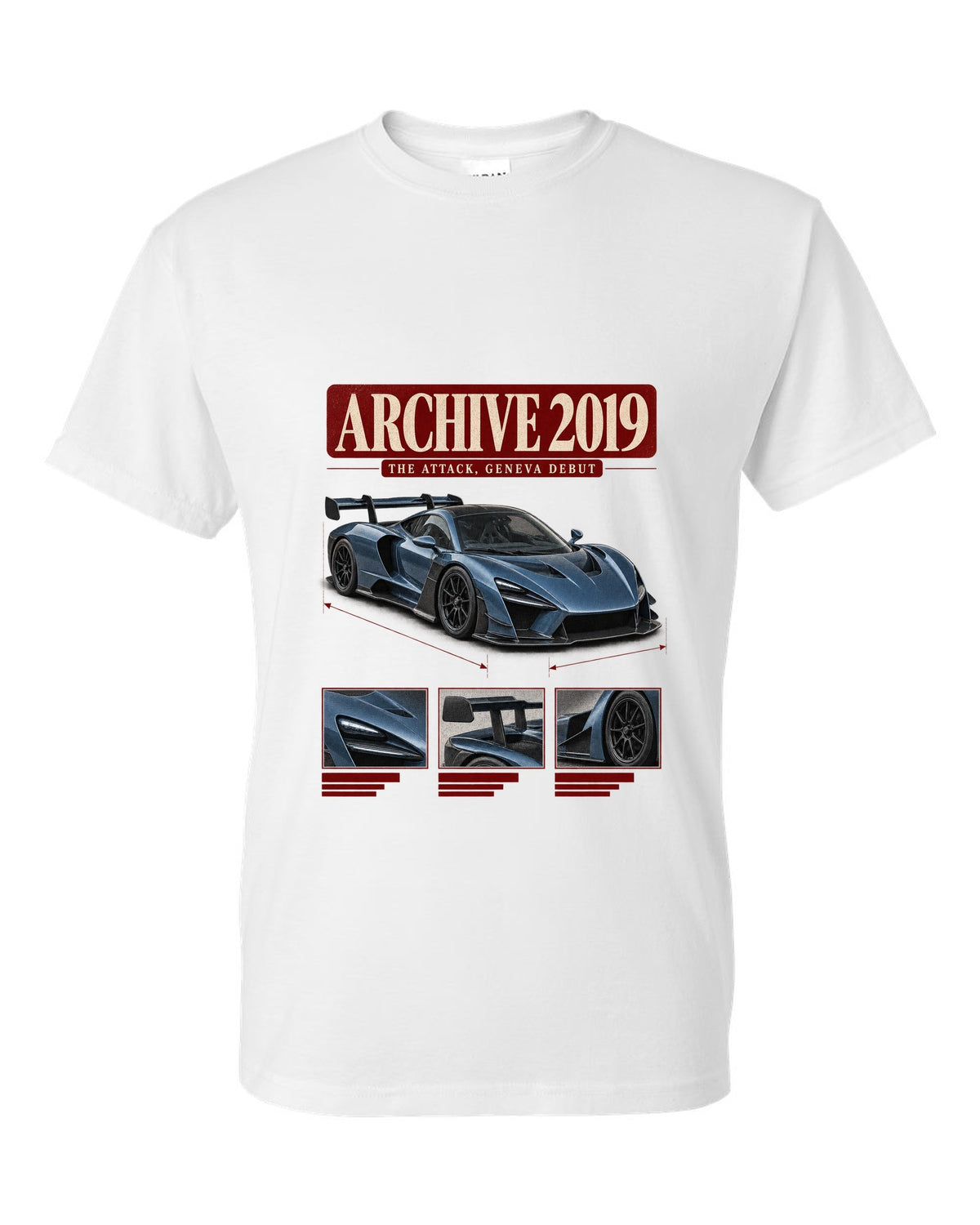 Archive panel design of the Koenigsegg Jesko Attack front three-quarter, print white t-shirt front view with the design