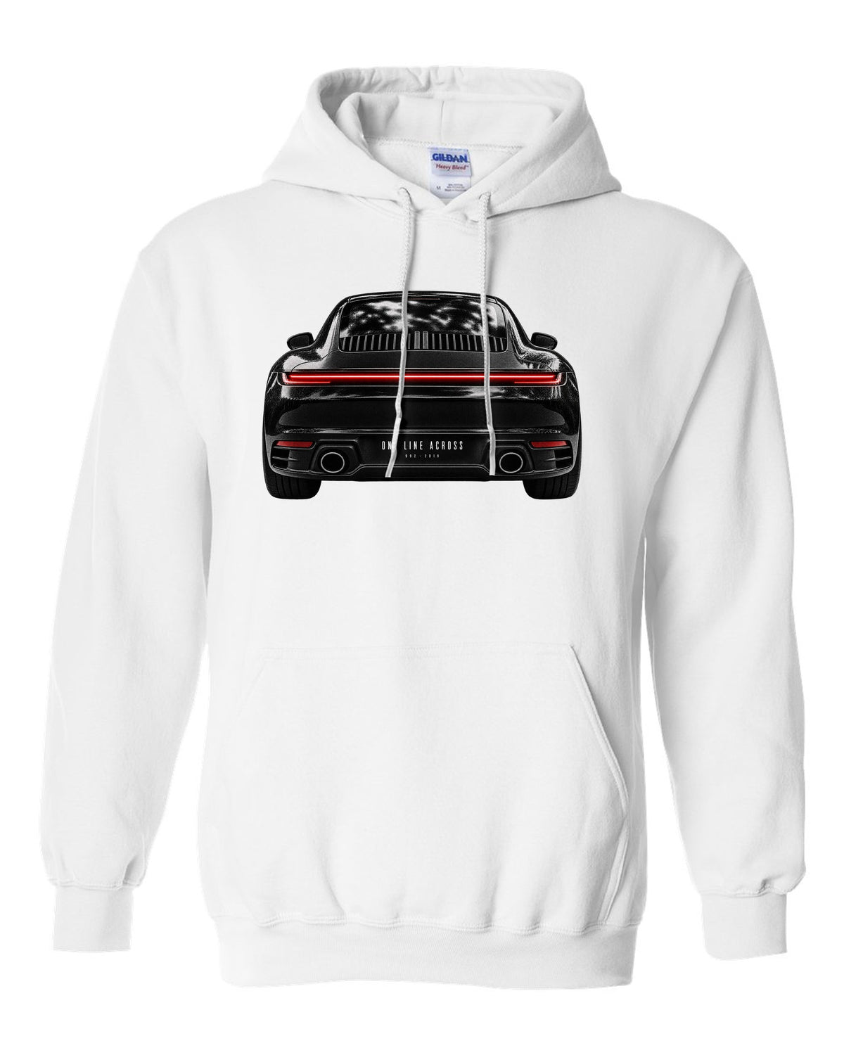 Taillight macro print of a 2019 Porsche 911 Carrera 992 rear light white pull over hoodie front view with the design
