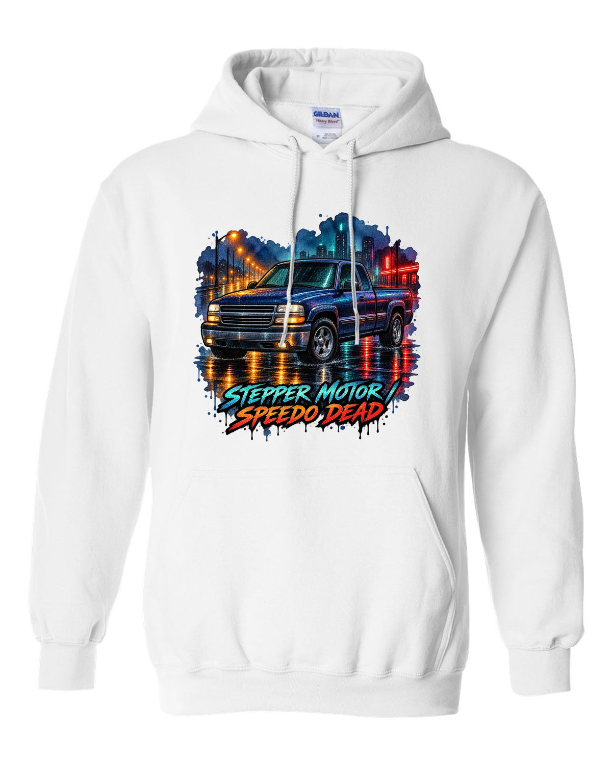 Watercolor wet-road night print of a 1999-2006 Chevrolet GMT800 NBS Silverado with stepper motor speedo dead lettering white pull over hoodie front view with the design
