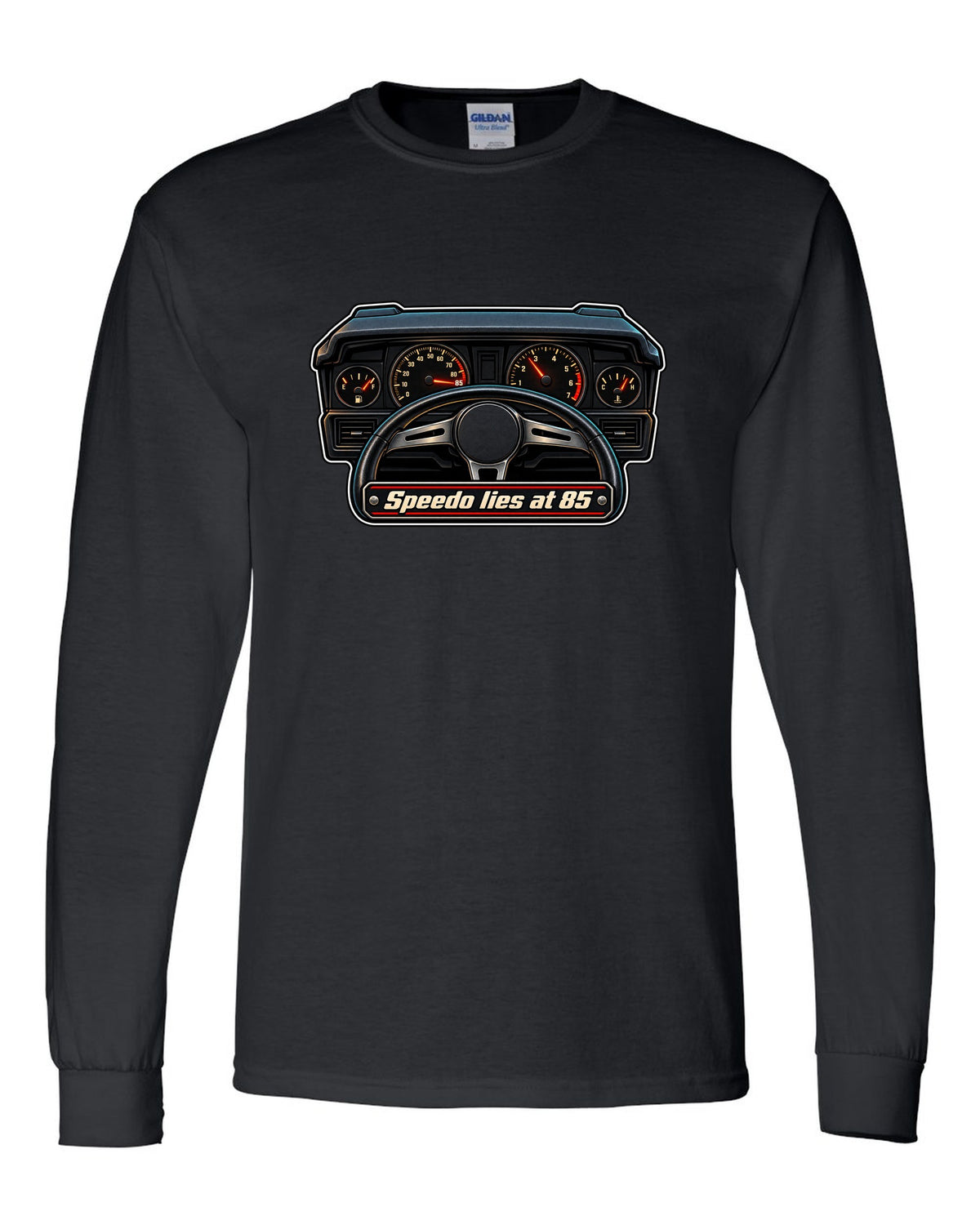 Gauge-cluster HUD print for a Ford Mustang Fox Body GT with speedo text black long sleeve front view with the design