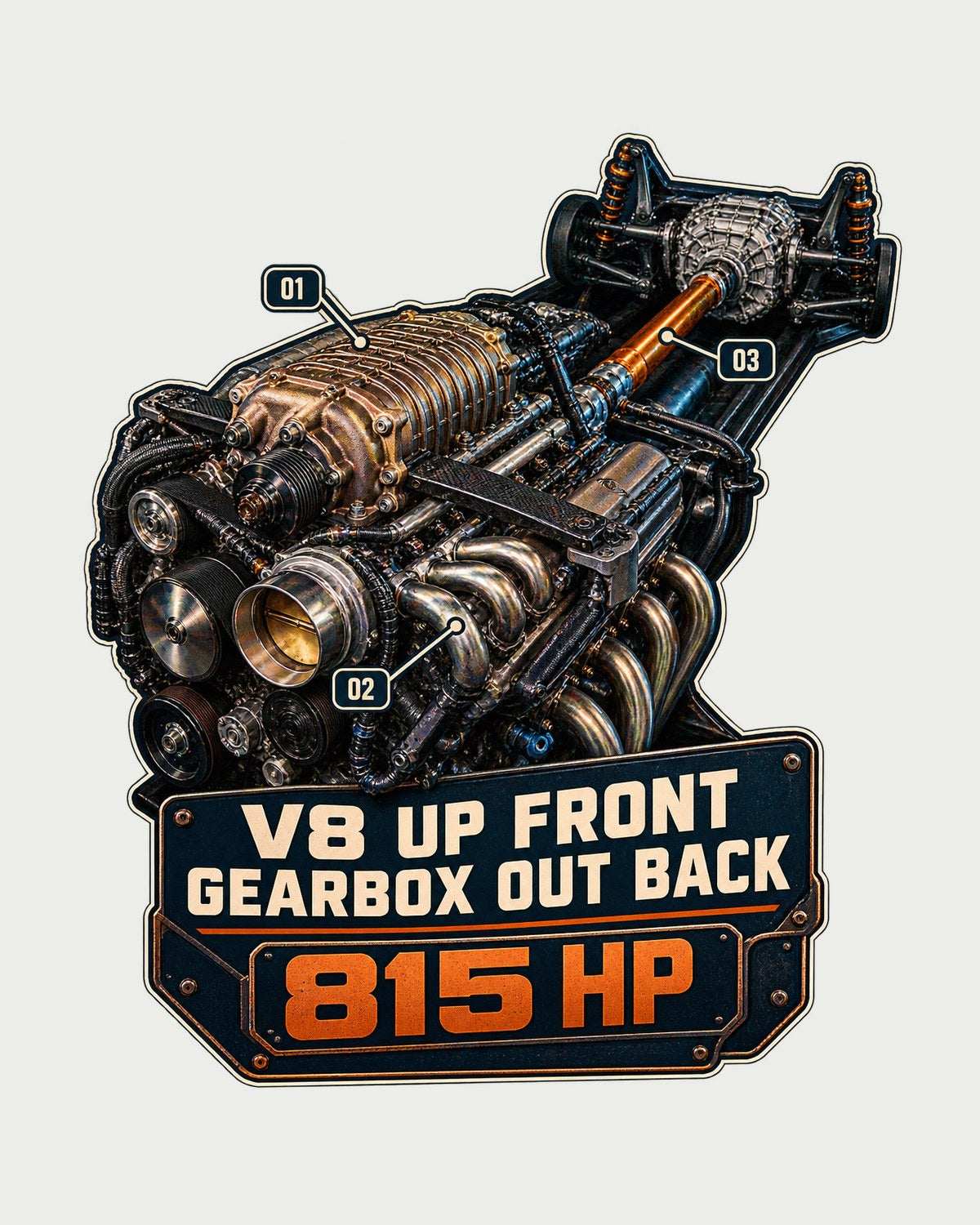 Mustang GTD Supercharged V8 Engine Hero Tee, Gearbox Out Back design only