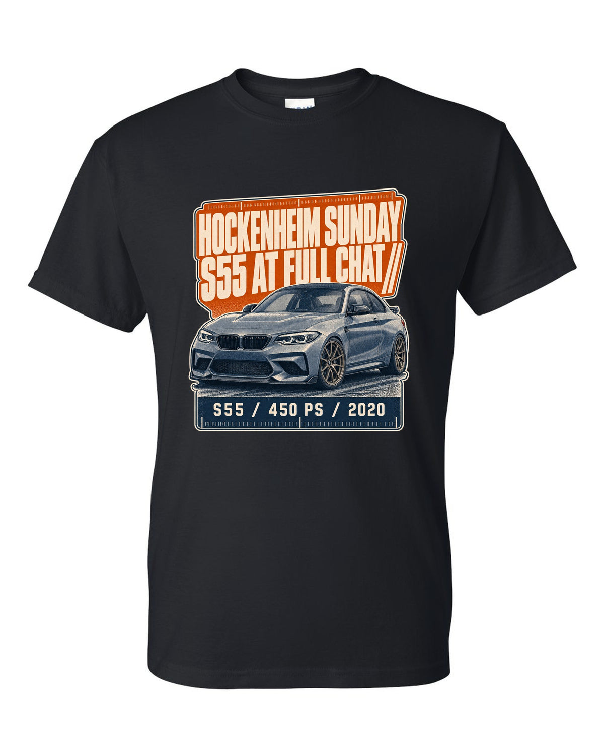 BMW M2 CS F87 halftone statement print with Hockenheim Sunday and S55 text black t-shirt front view with the design