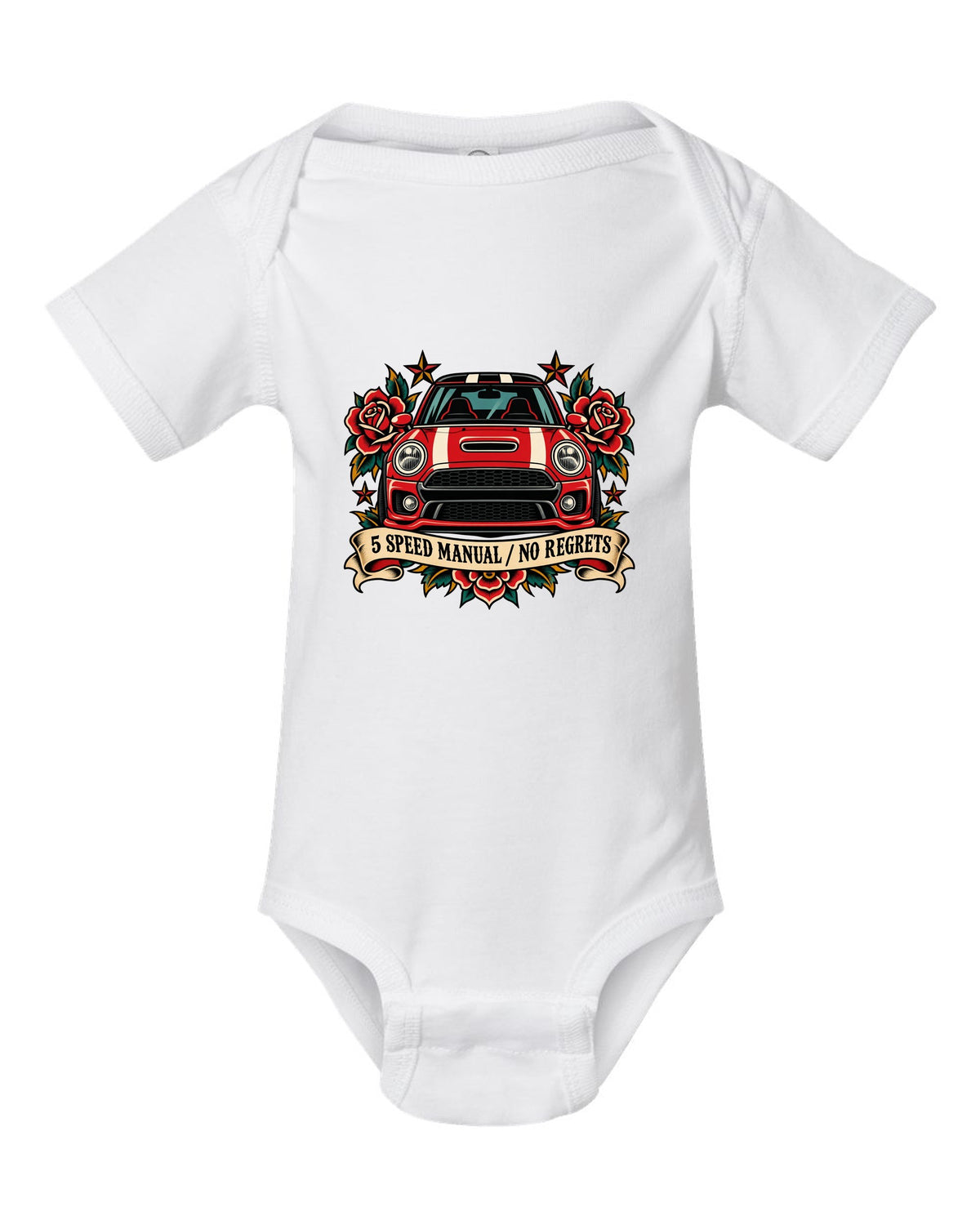 Tattoo flash style Fiat 500 Abarth with 5 speed manual no regrets lettering white baby onesie front view with the design