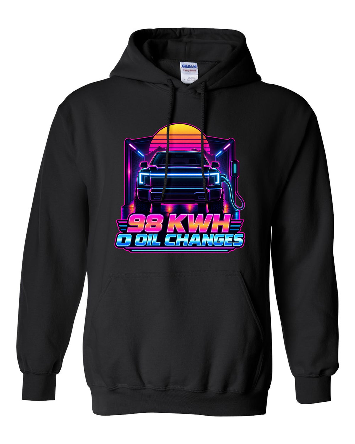 Ford F-150 Lightning EV with lightbar in a neon synthwave outline print black pull over hoodie front view with the design
